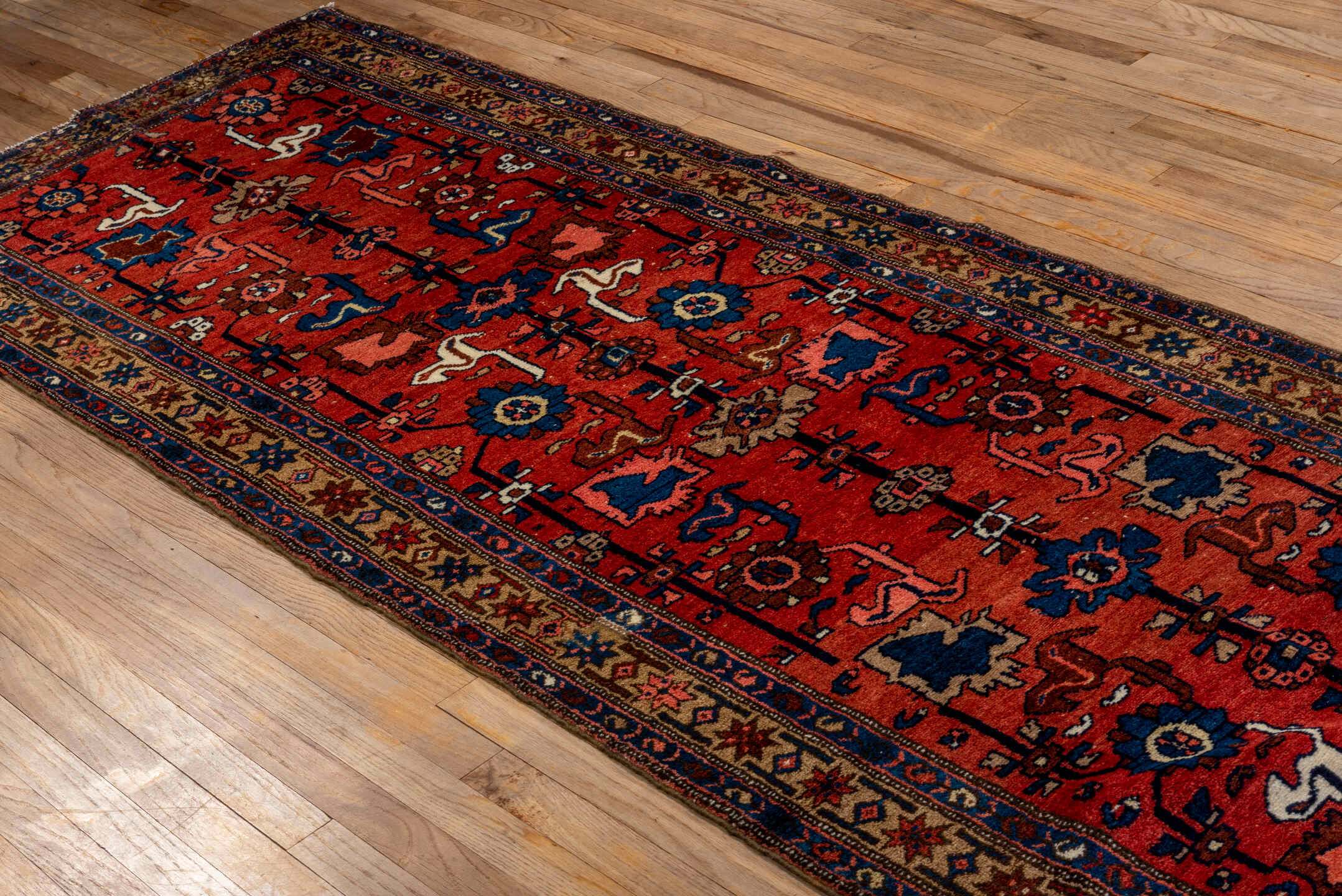 3' x 9' one-of-a-kind handmade vintage Malayer runner rug. Color palette: red, brown, gray, pink, black, orange, off-white