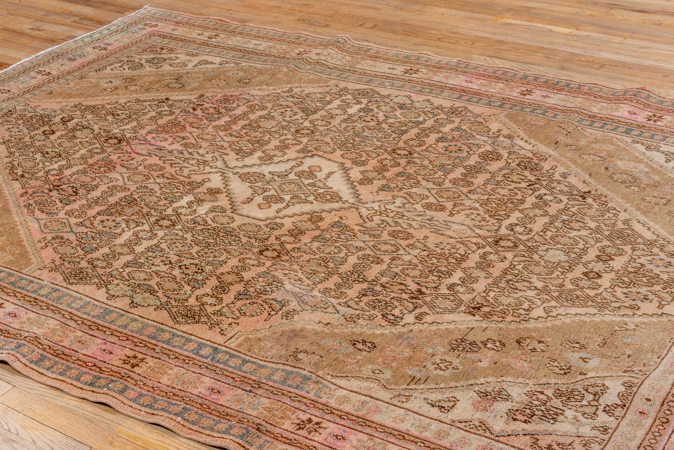 7' x 10' one-of-a-kind handmade vintage Hamadan large size rug. Color palette: brown, gray, orange, off-white, pink, tan