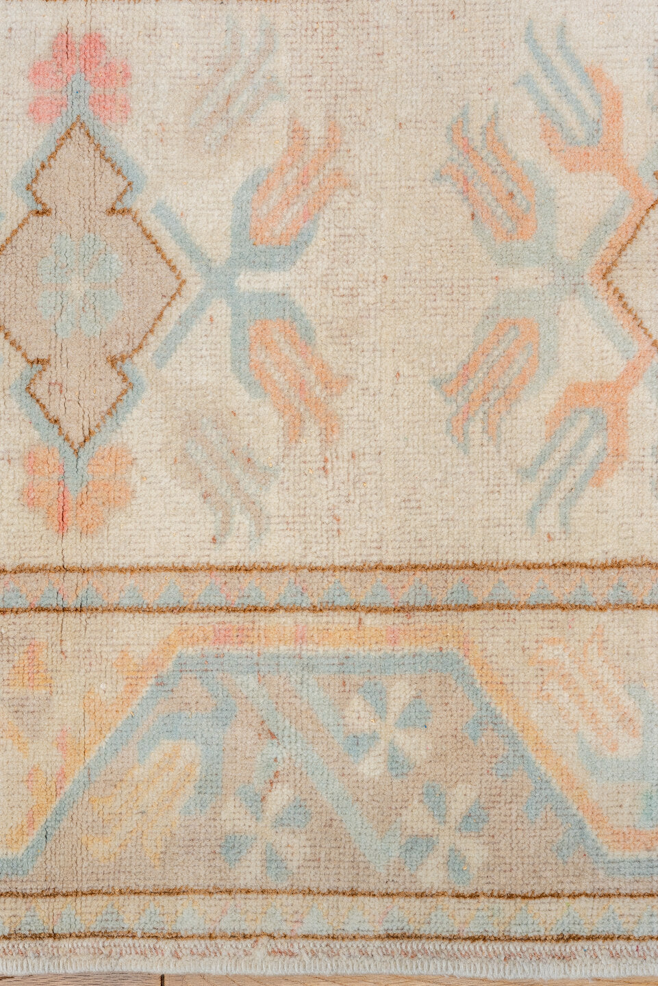 2' x 9' one-of-a-kind handmade vintage Oushak runner rug. Color palette: gray, light gray, off-white, orange, pink, brown