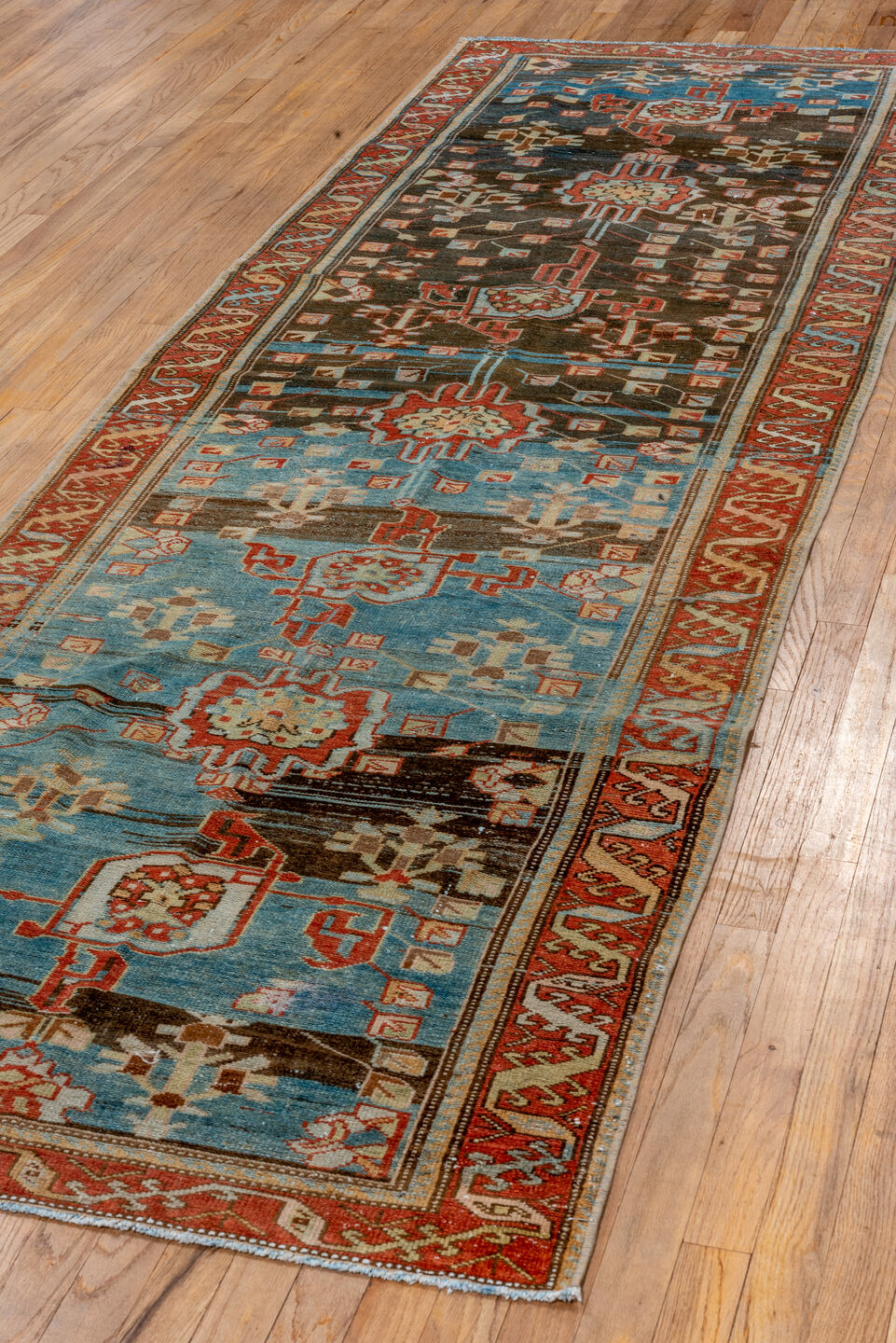 3' x 10' one-of-a-kind handmade vintage Malayer runner rug. Color palette: brown, gray, blue, black