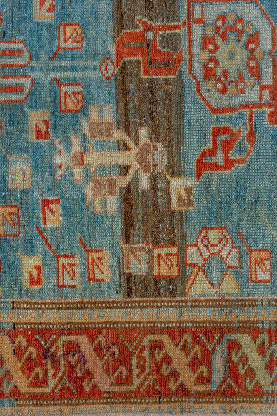 3' x 10' one-of-a-kind handmade vintage Malayer runner rug. Color palette: brown, gray, blue, black