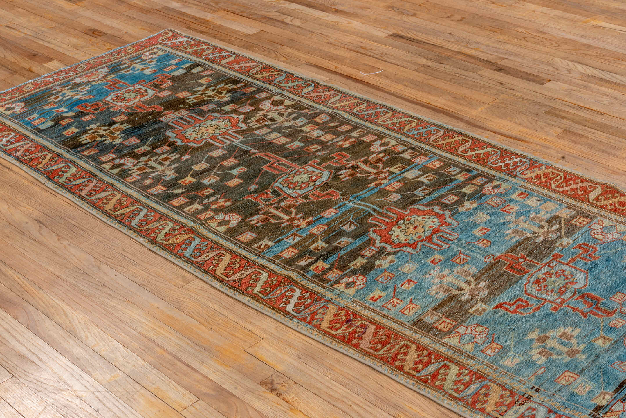 3' x 10' one-of-a-kind handmade vintage Malayer runner rug. Color palette: brown, gray, blue, black