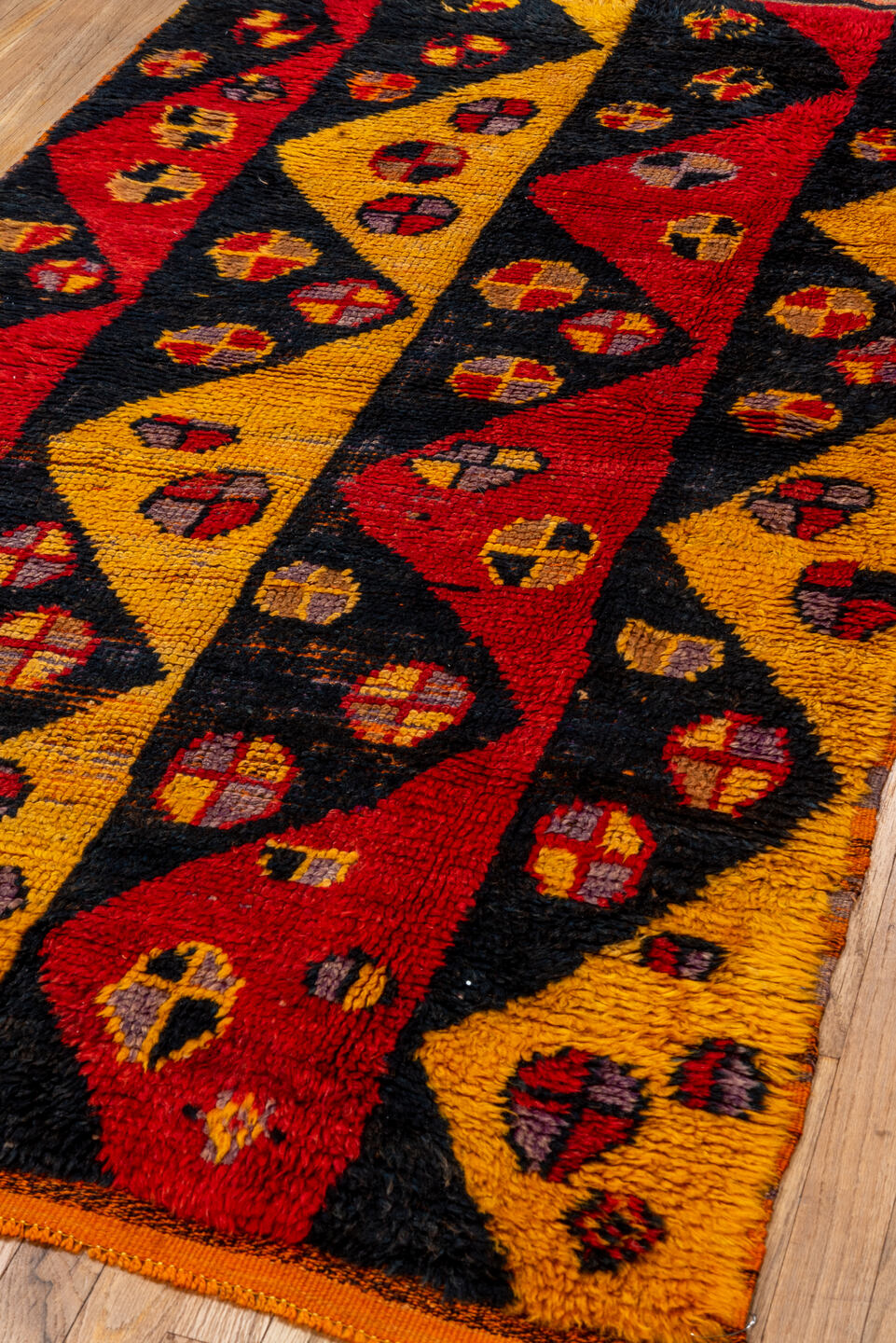 3' x 6' one-of-a-kind handmade vintage Tulu small size rug. Color palette: brown, pink, orange, red, black, gray, rosy brown