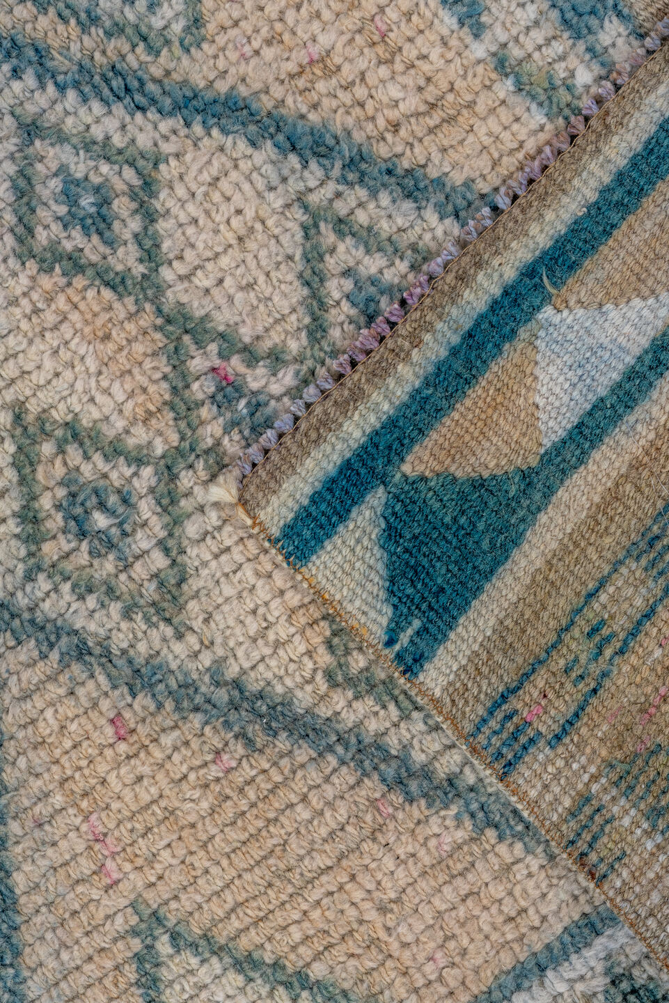 2' x 12' one-of-a-kind handmade vintage Oushak runner rug. Color palette: gray, light gray, off-white, blue, dark gray