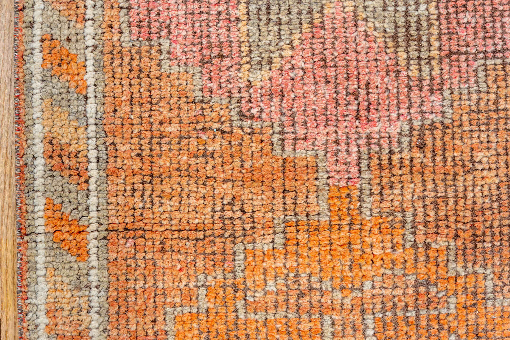 2' x 11' one-of-a-kind handmade vintage Oushak runner rug. Color palette: brown, pink, off-white, light gray, gray, orange