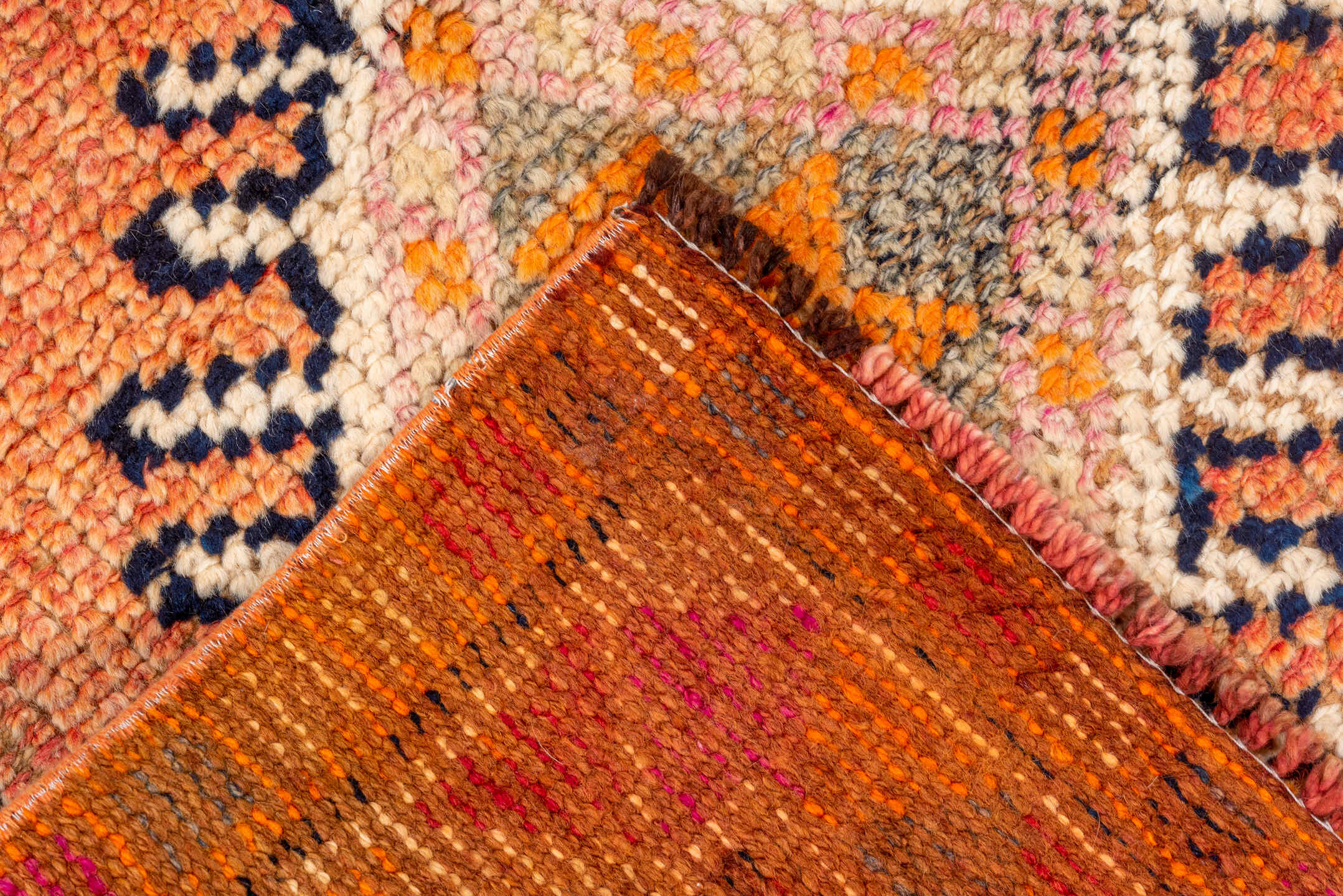 2' x 11' one-of-a-kind handmade vintage Oushak runner rug. Color palette: pink, orange, brown