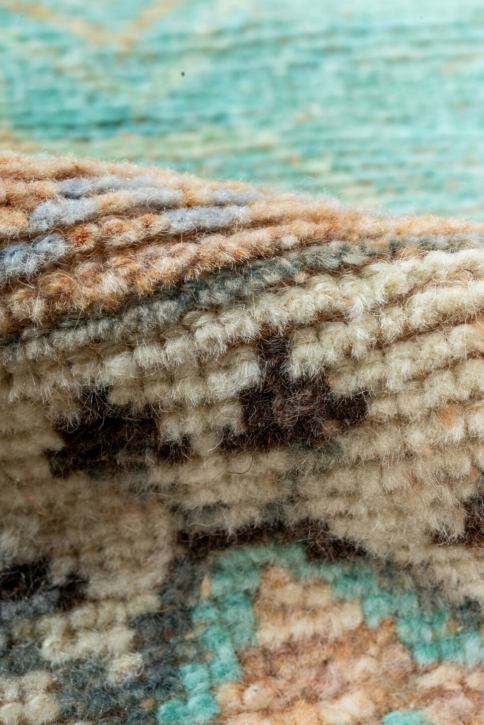 2' x 12' one-of-a-kind handmade vintage Oushak runner rug. Color palette: gray, blue, black, brown, off-white, green