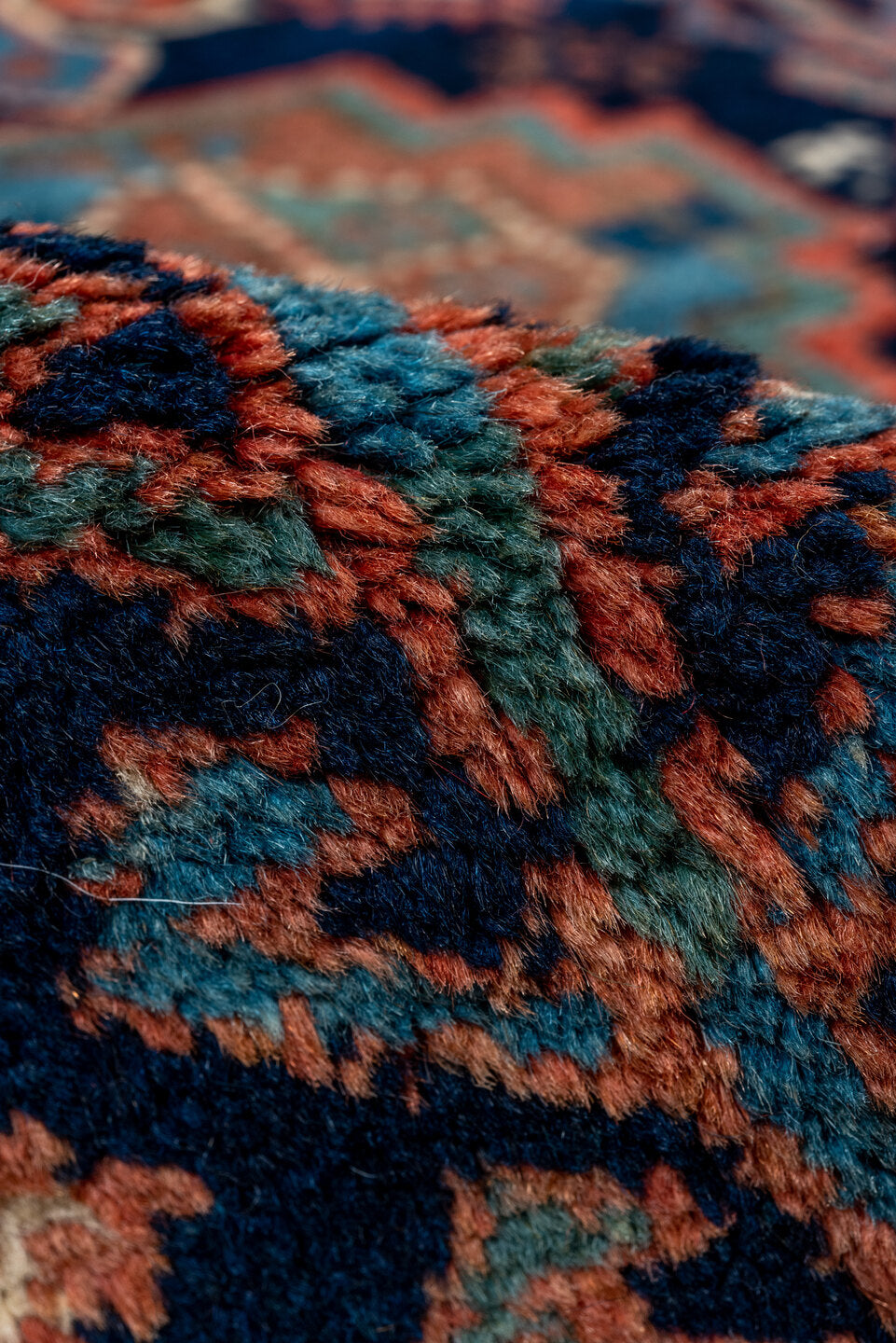 4' x 5' one-of-a-kind handmade vintage Kurd small size rug. Color palette: pink, gray, blue, brown, red, redwood, dim gray