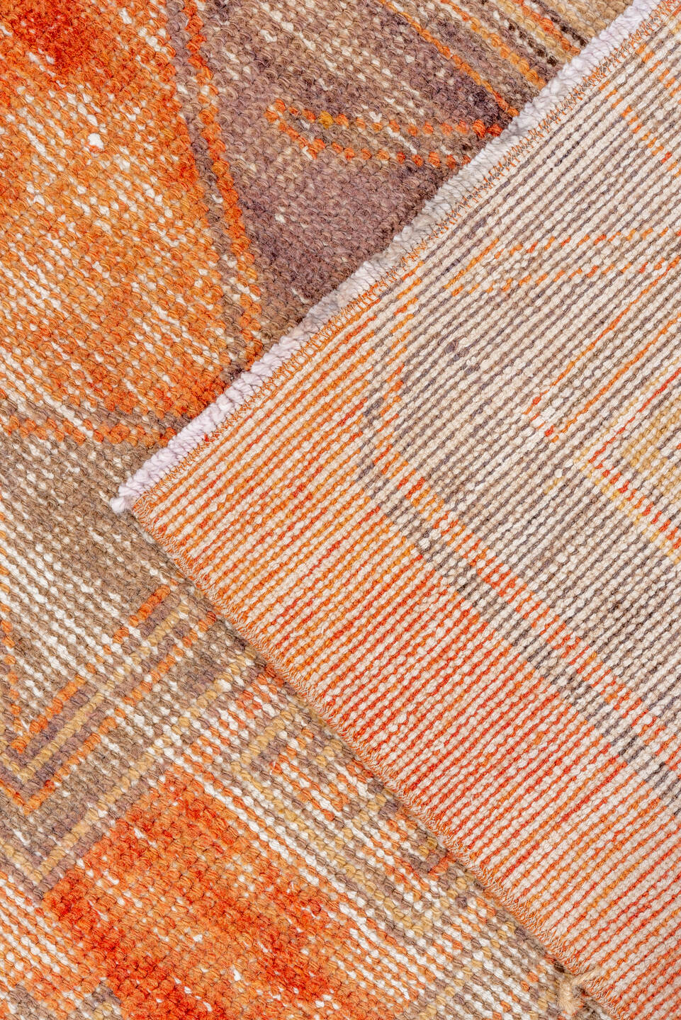 0' x 9' one-of-a-kind handmade vintage Oushak rug. Color palette: brown, orange, pink, red, off-white