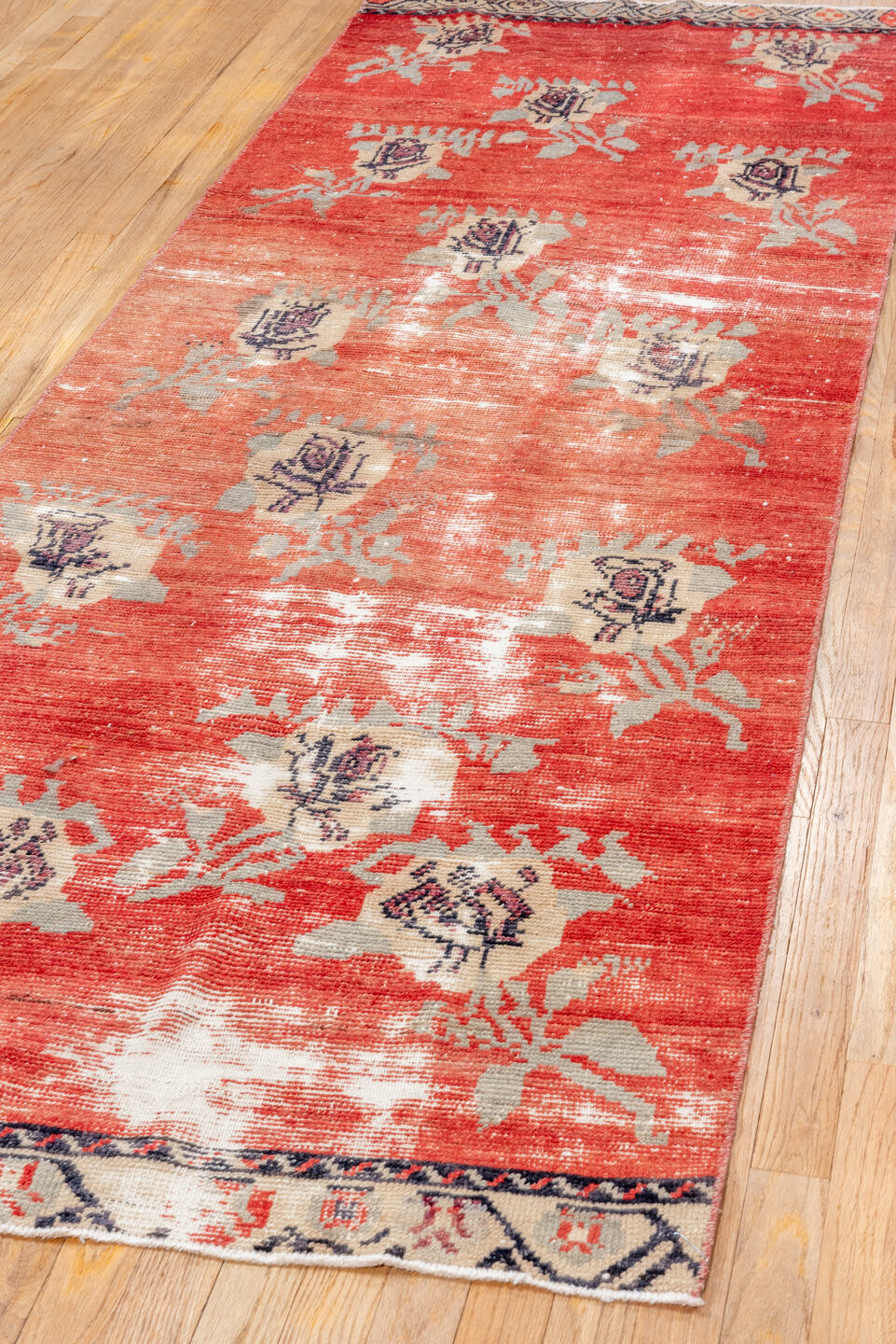 3' x 8' one-of-a-kind handmade vintage Oushak runner rug. Color palette: gray, pink, red, brown, light gray, off-white