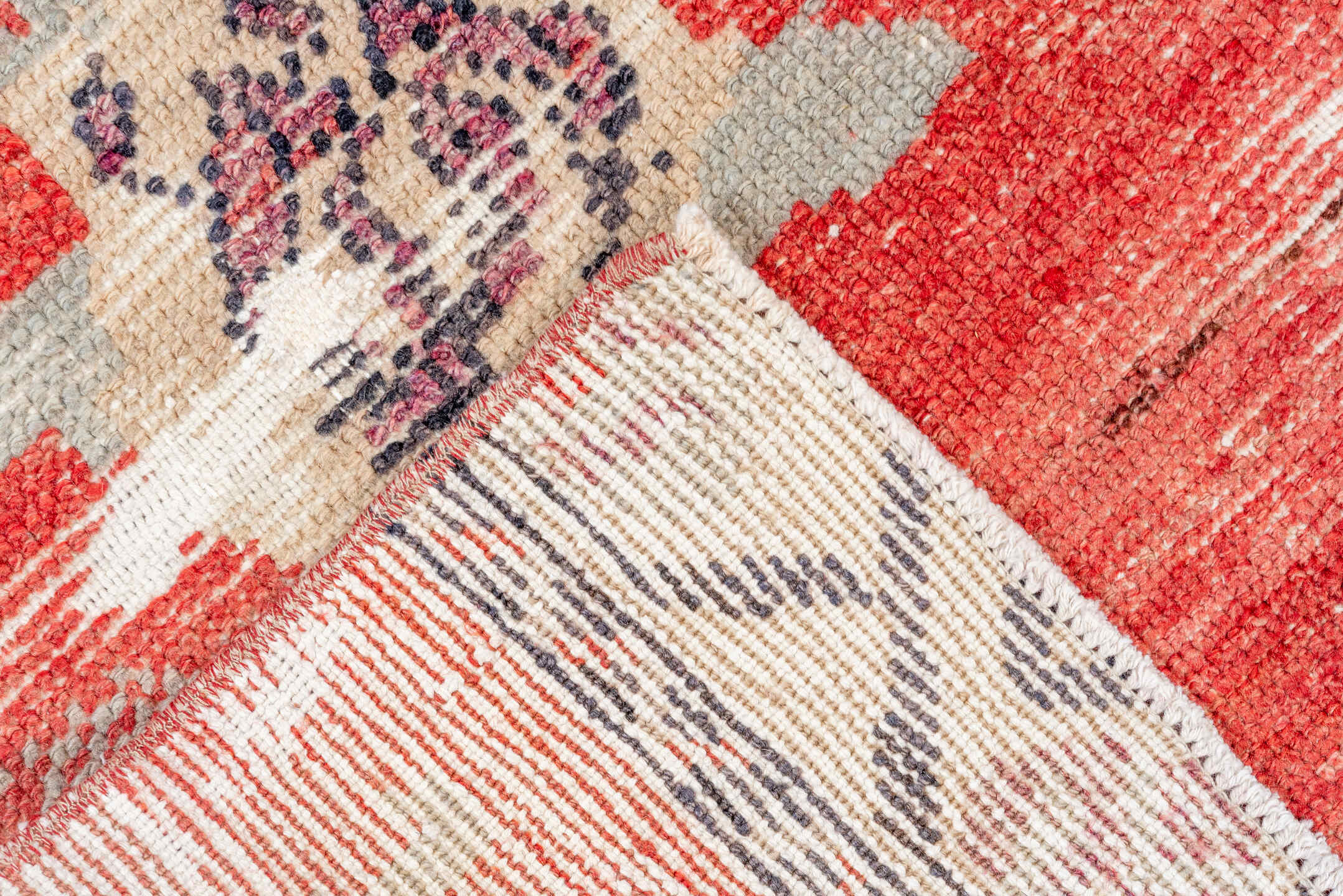 3' x 8' one-of-a-kind handmade vintage Oushak runner rug. Color palette: gray, pink, red, brown, light gray, off-white