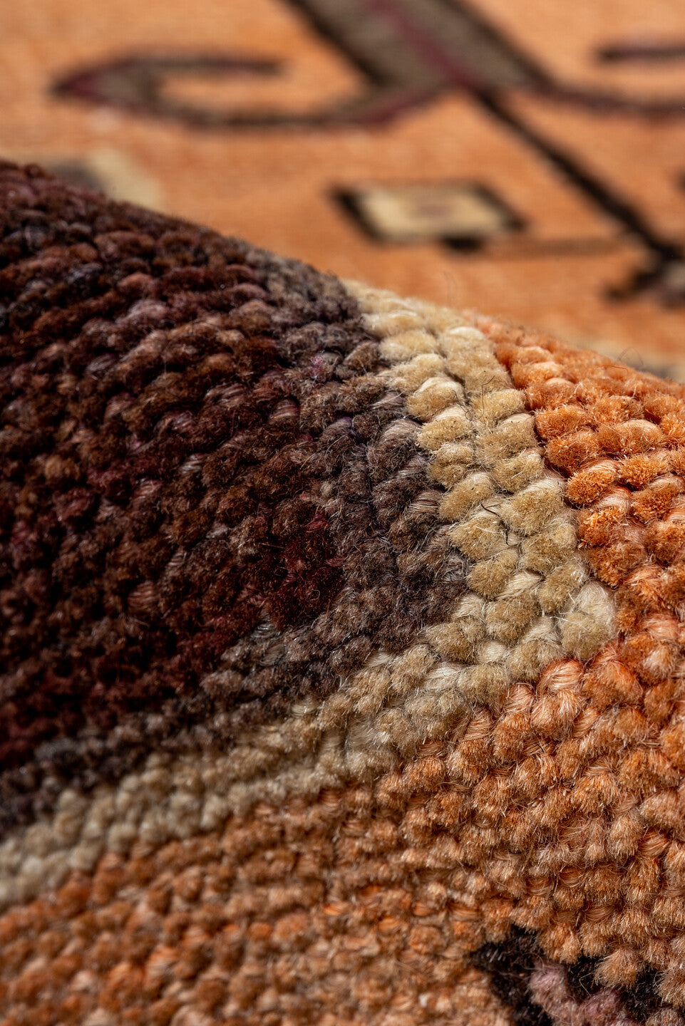 2' x 8' one-of-a-kind handmade vintage Kars runner rug. Color palette: brown, red, orange, pink, black, chocolate, redwood