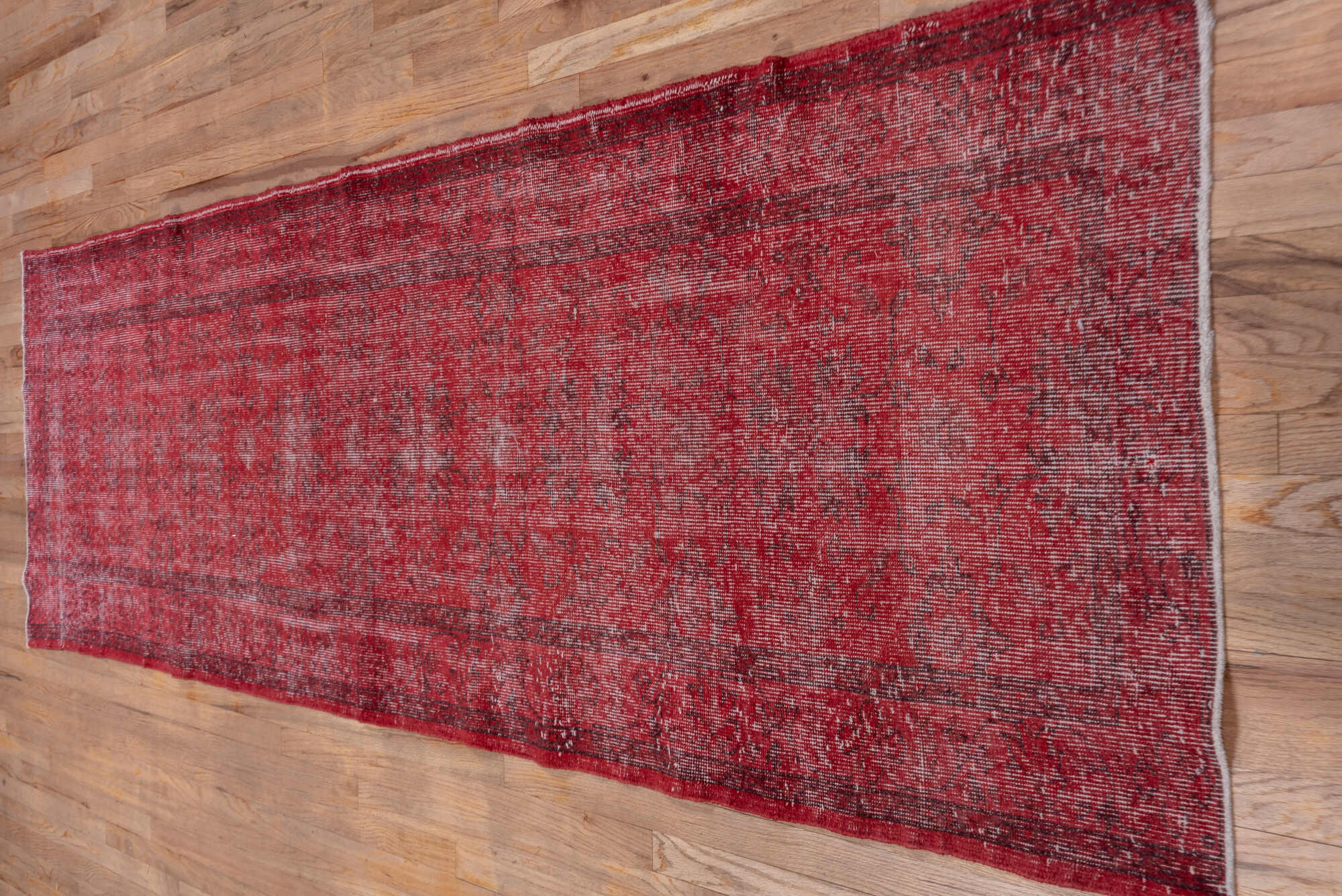 3' x 10' one-of-a-kind handmade vintage Overdyed runner rug. Color palette: brown, off-white, orange, pink, red, wine