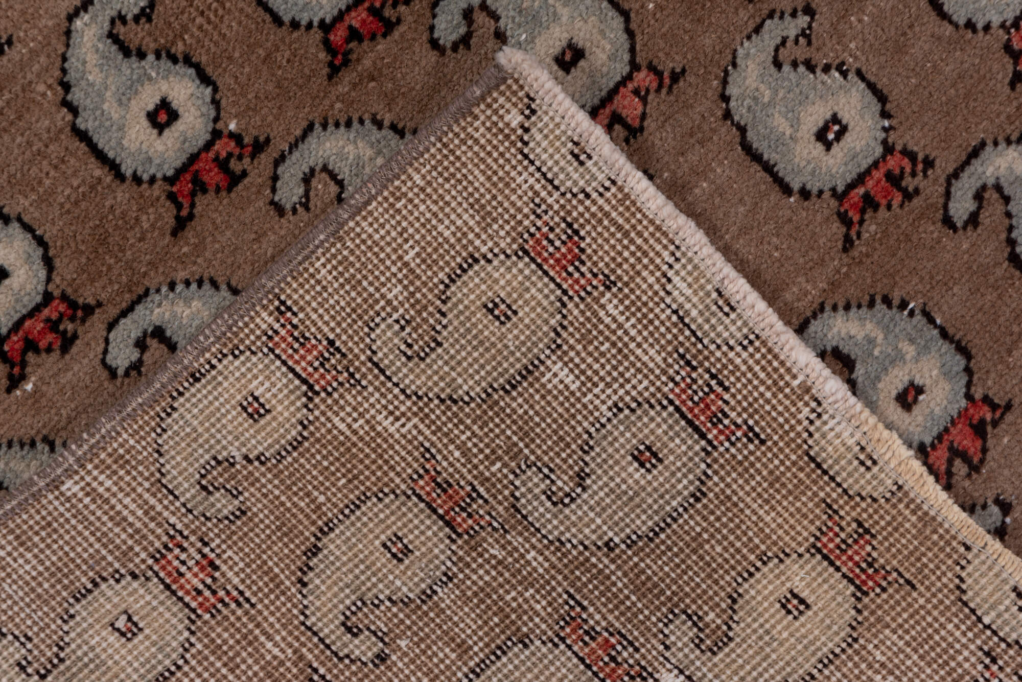 2' x 8' one-of-a-kind handmade vintage Oushak runner rug. Color palette: brown, gray, off-white, pink, red, snow, white