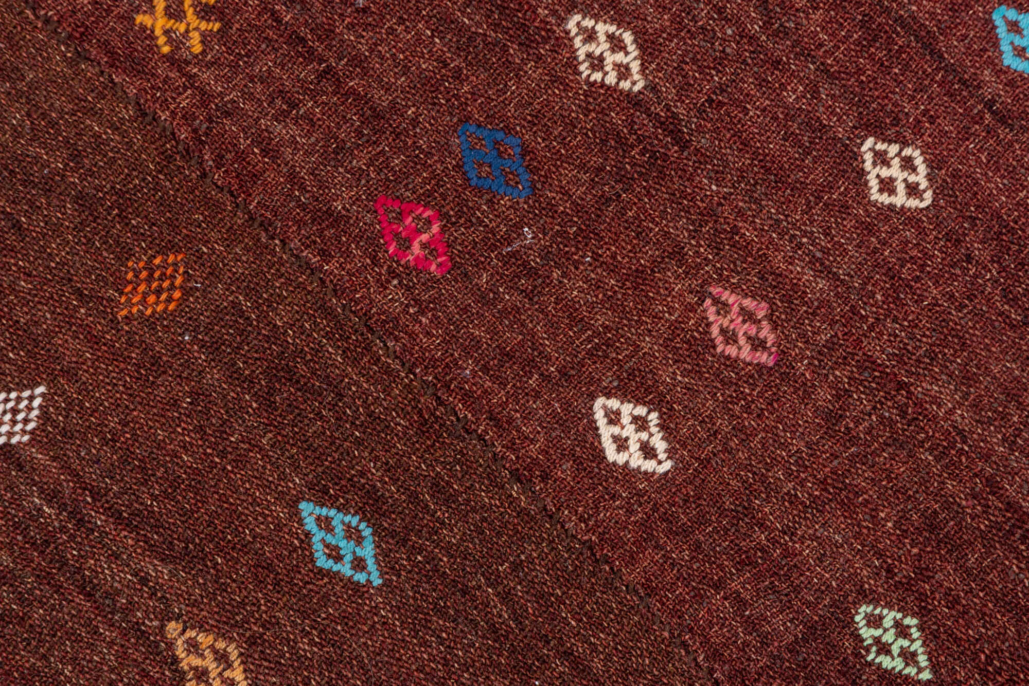 2' x 3' one-of-a-kind handmade vintage Jijim small size rug. Color palette: blue, brown, gray, off-white, pink, red, redwood