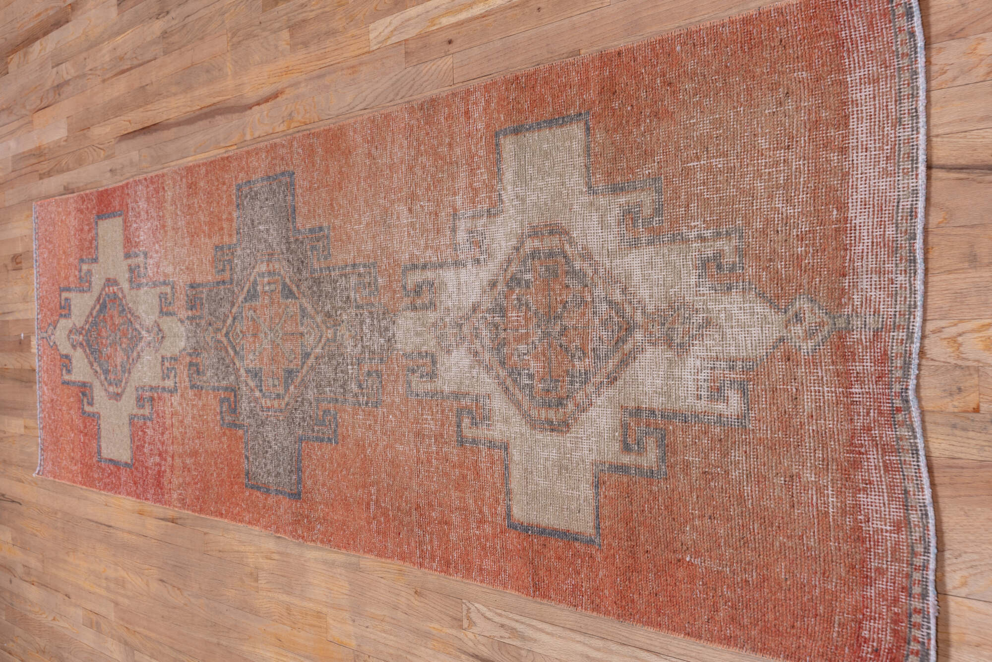 3' x 10' one-of-a-kind handmade vintage Oushak runner rug. Color palette: brown, gray, light gray, pink