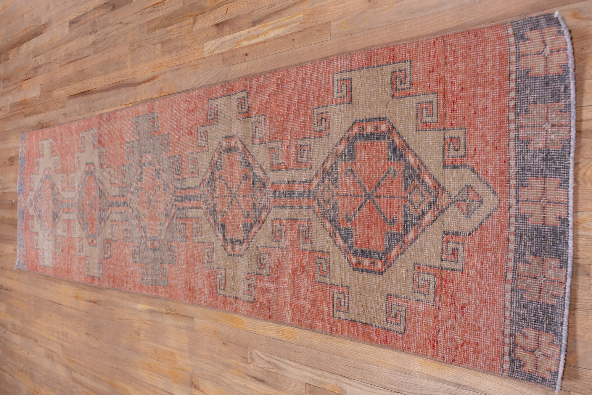 2' x 11' one-of-a-kind handmade vintage Oushak runner rug. Color palette: brown, gray, off-white, pink, red, snow, white