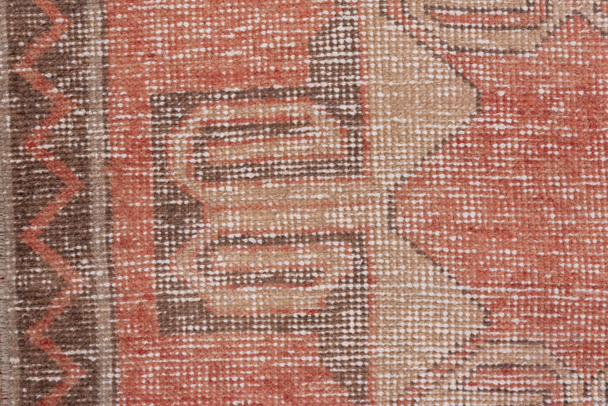 3' x 8' one-of-a-kind handmade vintage Oushak runner rug. Color palette: brown, gray, light gray, off-white, pink, snow