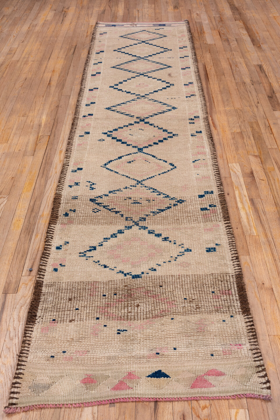 2' x 11' one-of-a-kind handmade vintage Oushak runner rug. Color palette: blue, brown, dark gray, gray, light gray