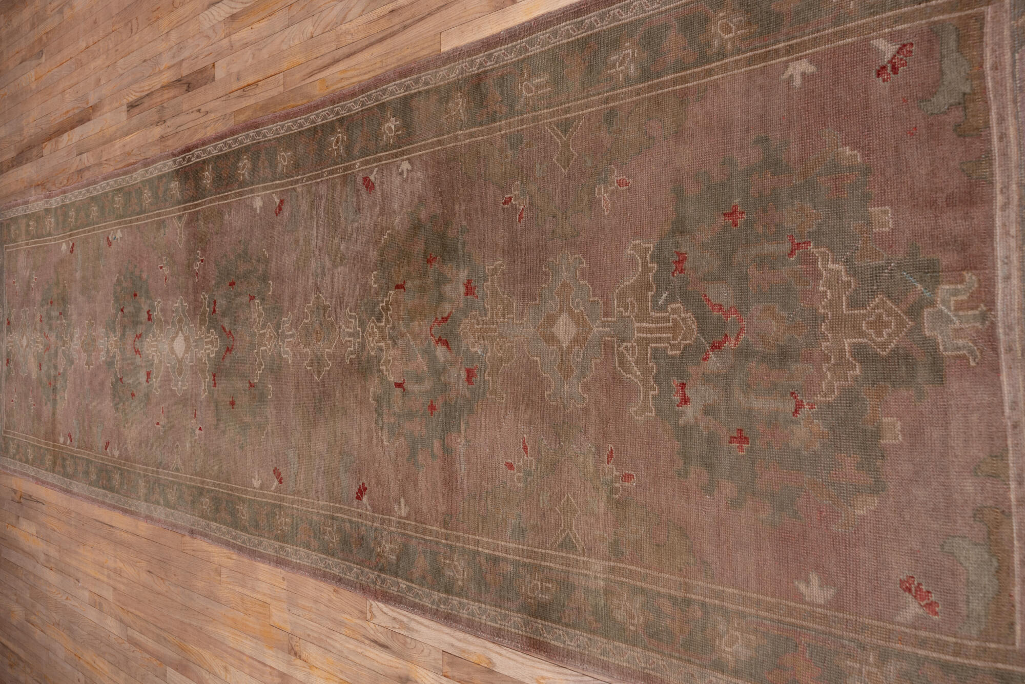 4' x 16' one-of-a-kind handmade vintage Oushak runner rug. Color palette: brown, gray, off-white, pink, red, snow, white