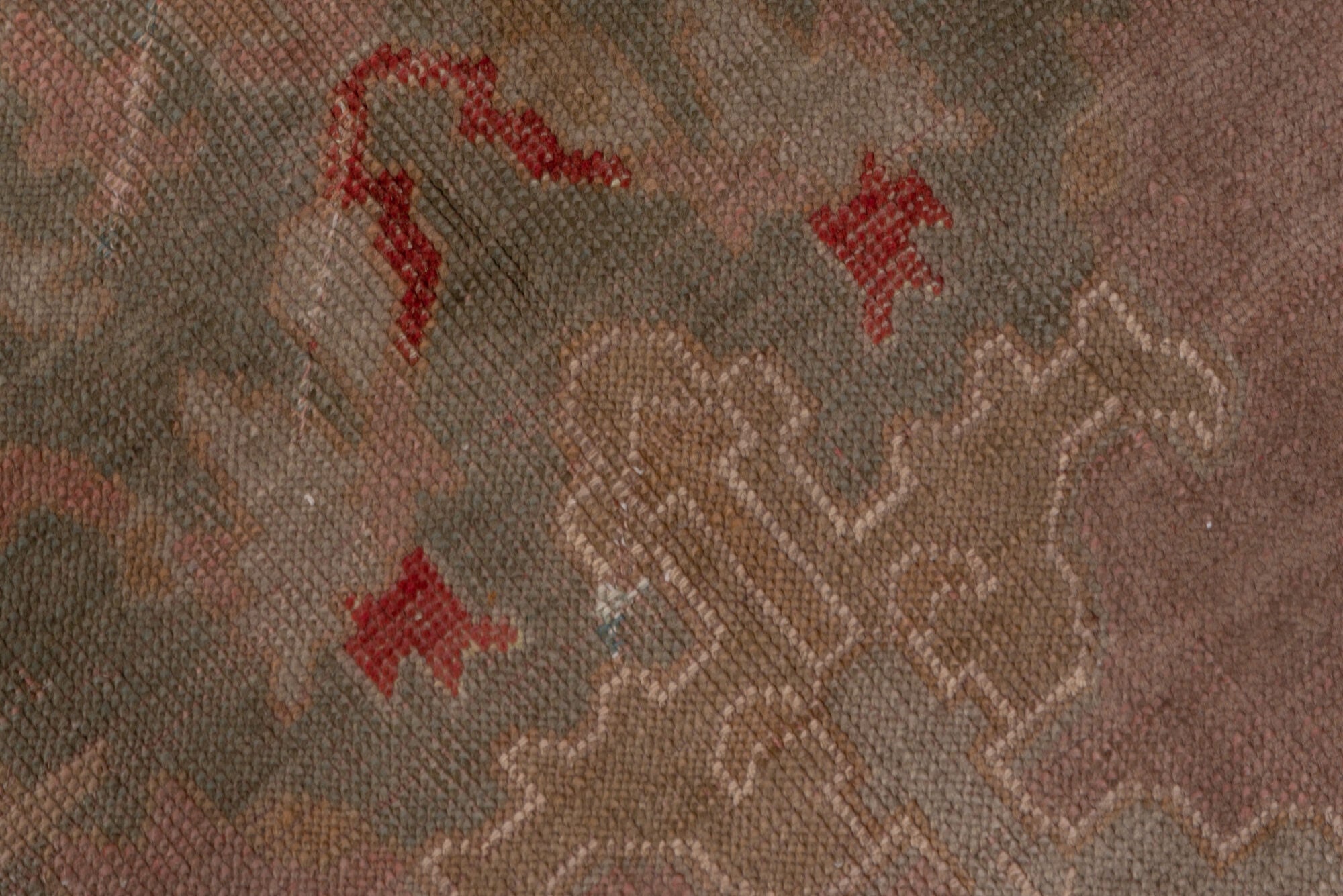 4' x 16' one-of-a-kind handmade vintage Oushak runner rug. Color palette: brown, gray, off-white, pink, red, snow, white