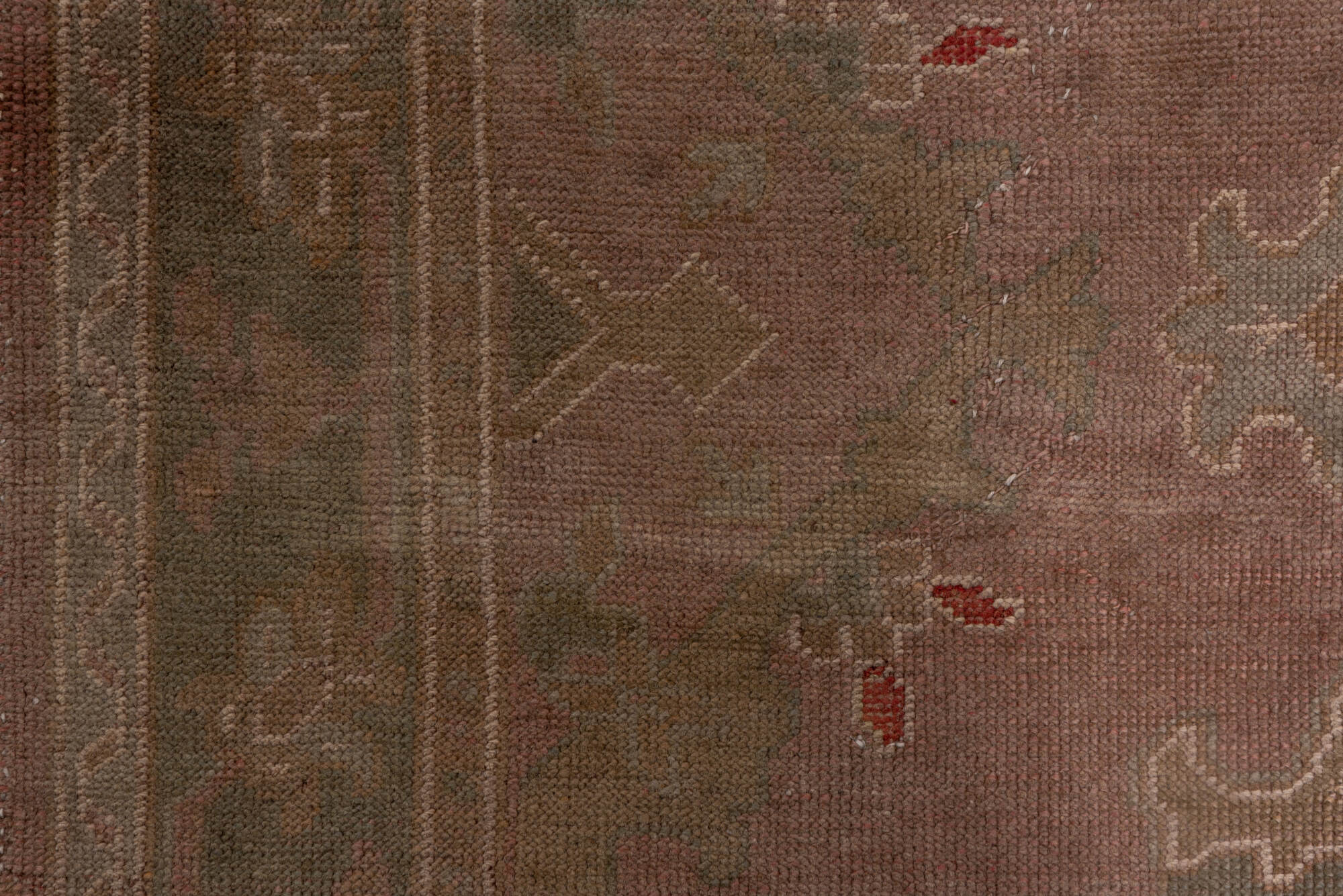 4' x 16' one-of-a-kind handmade vintage Oushak runner rug. Color palette: brown, gray, off-white, pink, red, snow, white