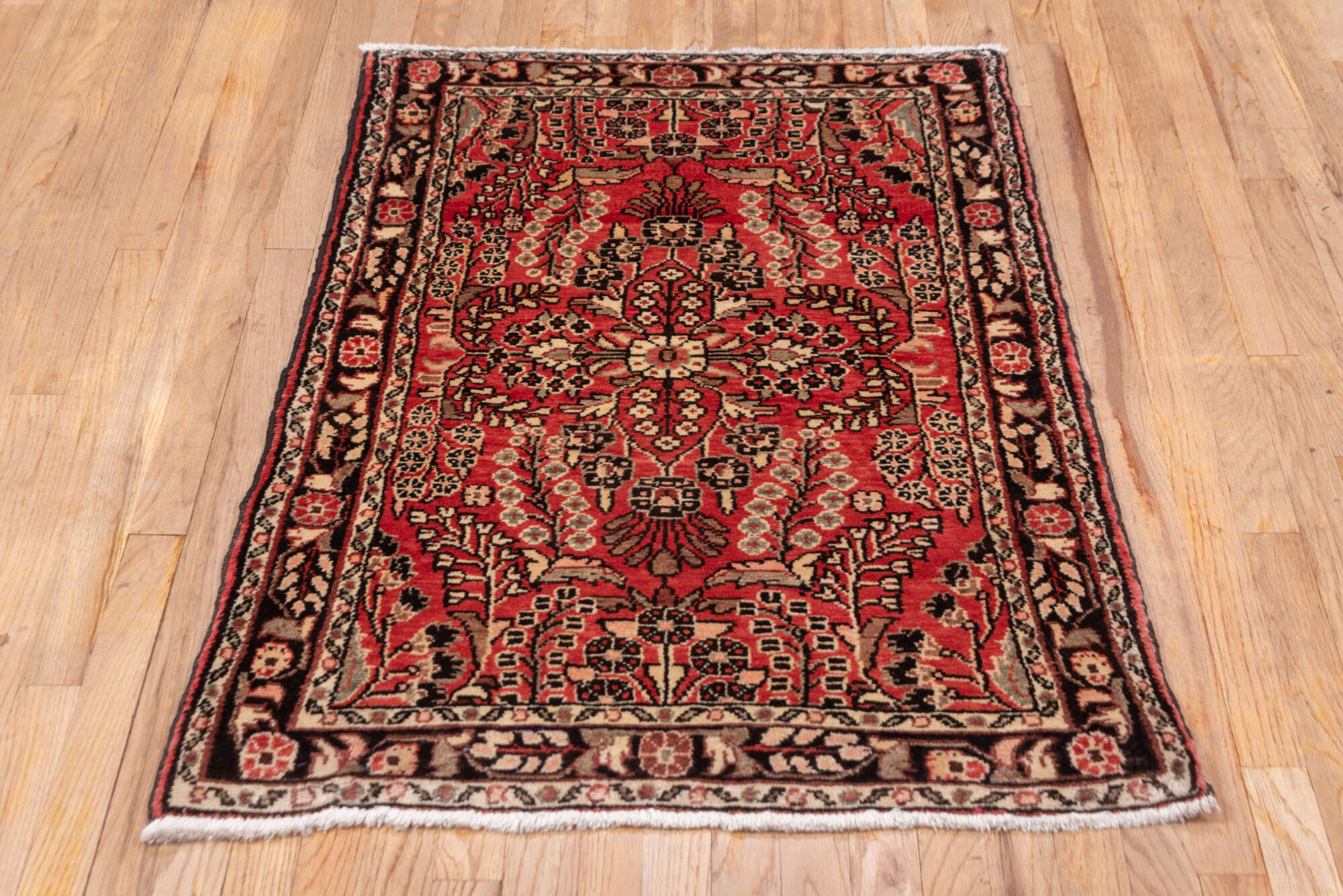 2' x 4' one-of-a-kind handmade vintage Dargazin small size rug. Color palette: black, brown, gray, light gray, pink, red