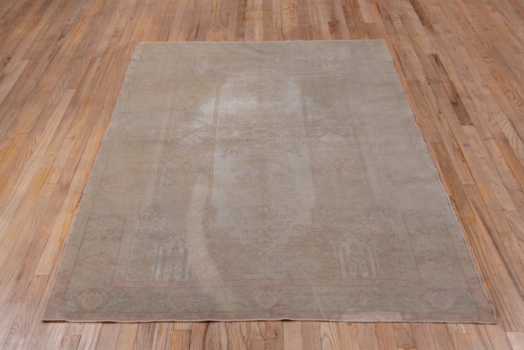 4' x 6' one-of-a-kind handmade vintage Kaisary small size rug. Color palette: brown, gray, pink, light gray, off-white