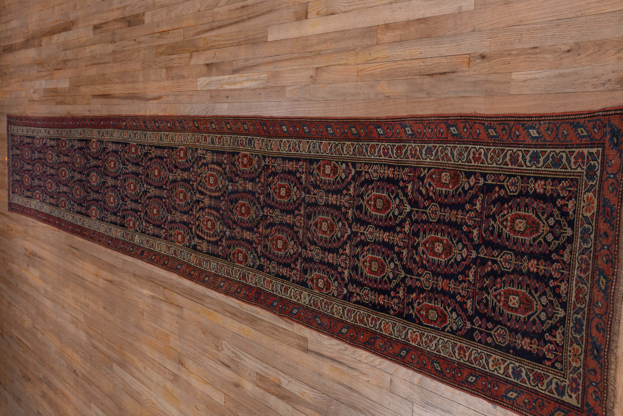 2' x 17' one-of-a-kind handmade vintage NW Persian runner rug. Color palette: blue, brown, gray, off-white, pink, red
