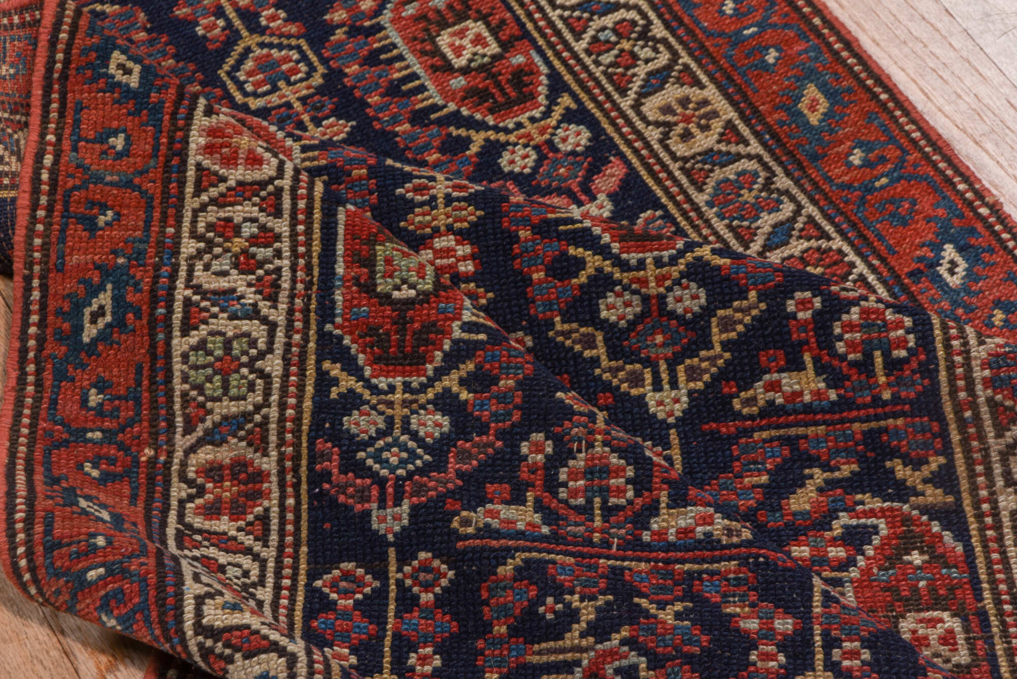 2' x 17' one-of-a-kind handmade vintage NW Persian runner rug. Color palette: blue, brown, gray, off-white, pink, red