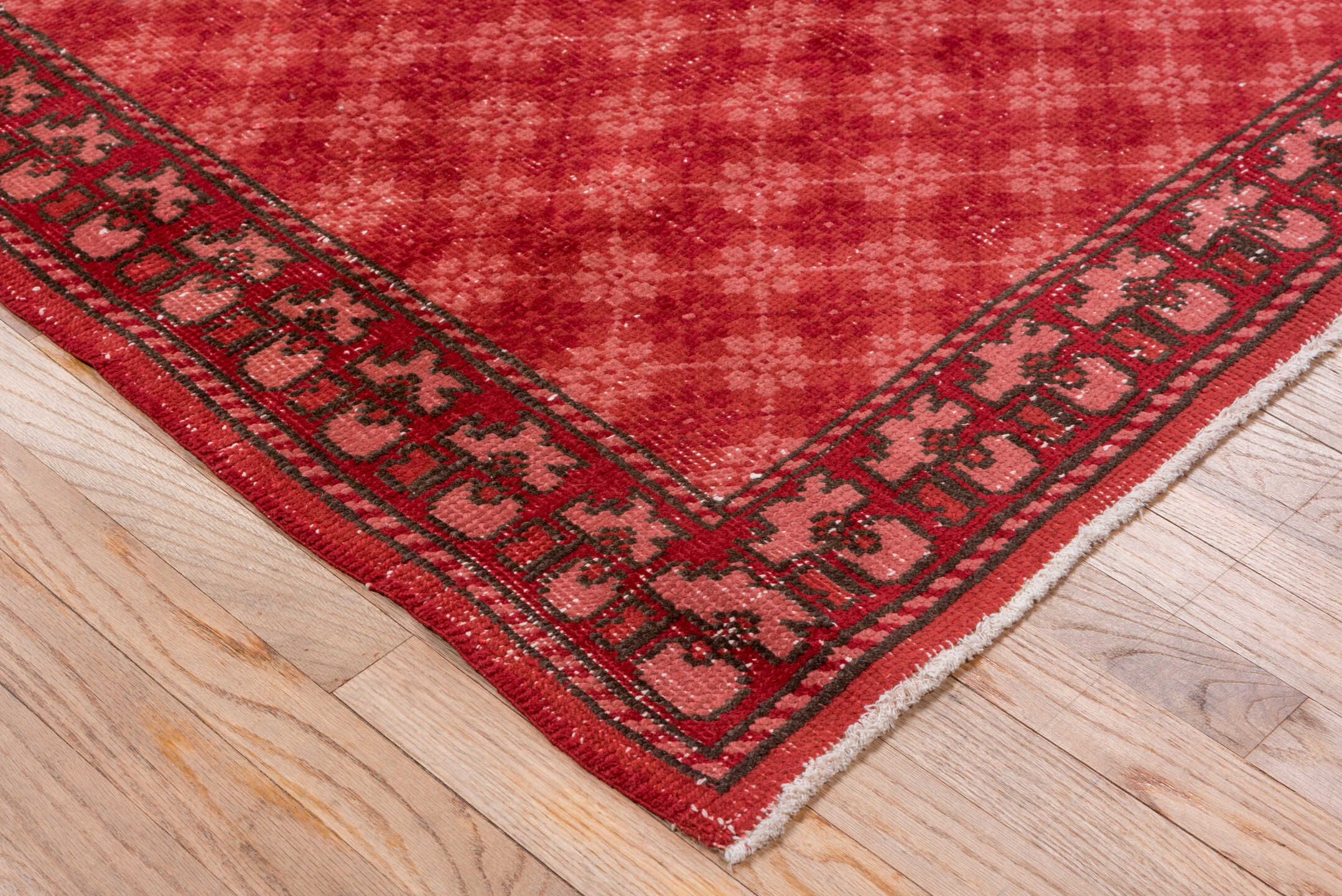 6' x 9' one-of-a-kind handmade vintage Oushak medium size rug. Color palette: brown, red, pink, off-white, white, snow