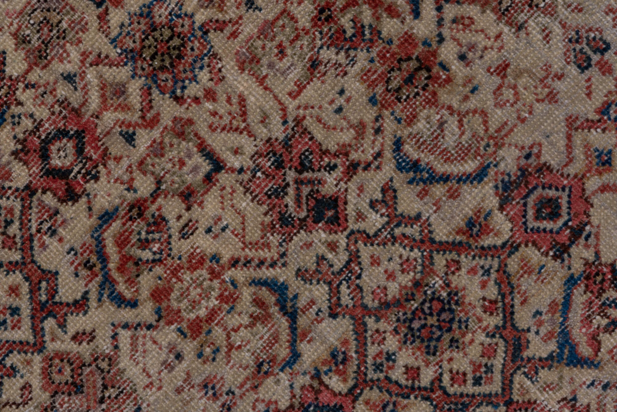 8' x 19' one-of-a-kind handmade vintage Farahan rug. Color palette: black, blue, brown, charcoal, gray, pink, red