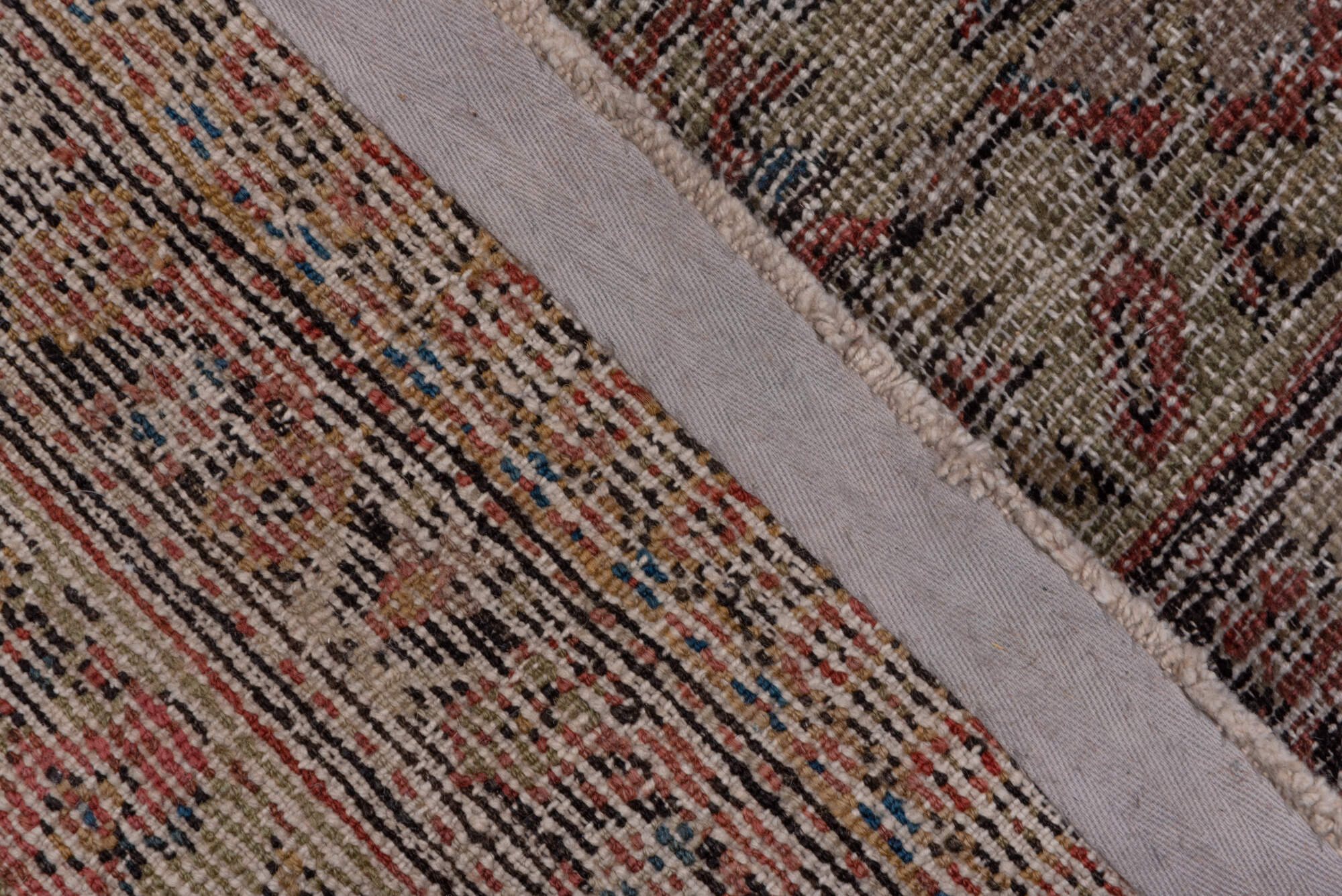 8' x 19' one-of-a-kind handmade vintage Farahan rug. Color palette: black, blue, brown, charcoal, gray, pink, red