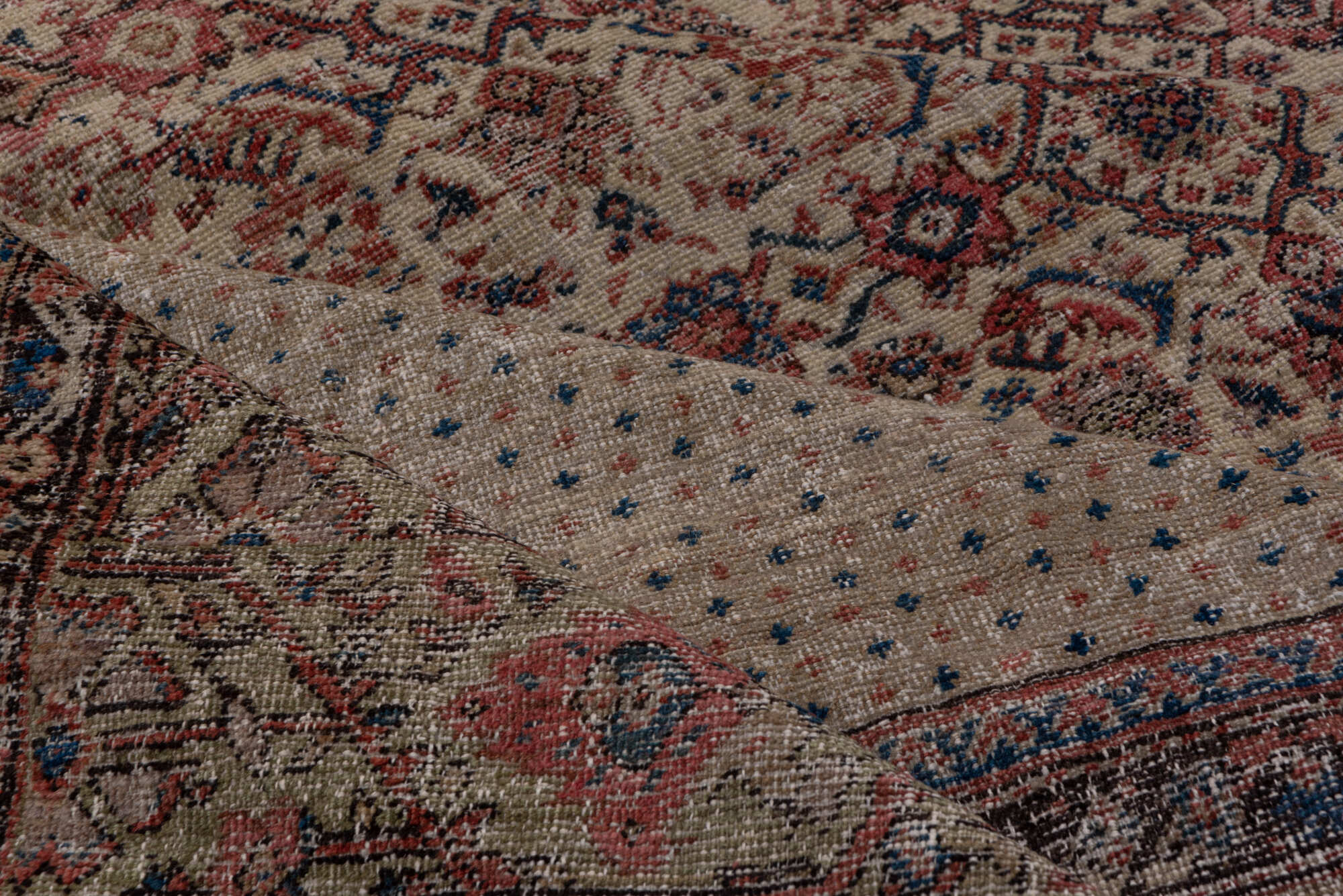 8' x 19' one-of-a-kind handmade vintage Farahan rug. Color palette: black, blue, brown, charcoal, gray, pink, red