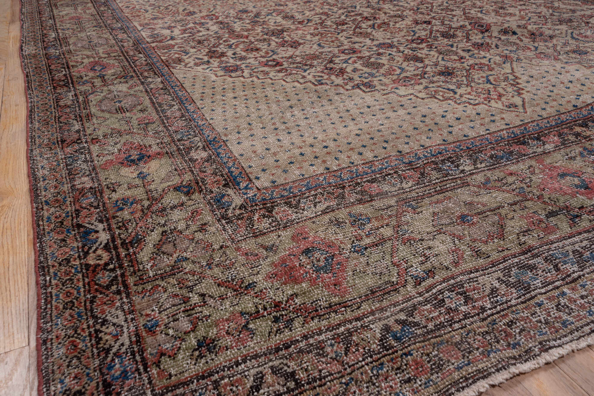8' x 19' one-of-a-kind handmade vintage Farahan rug. Color palette: black, blue, brown, charcoal, gray, pink, red