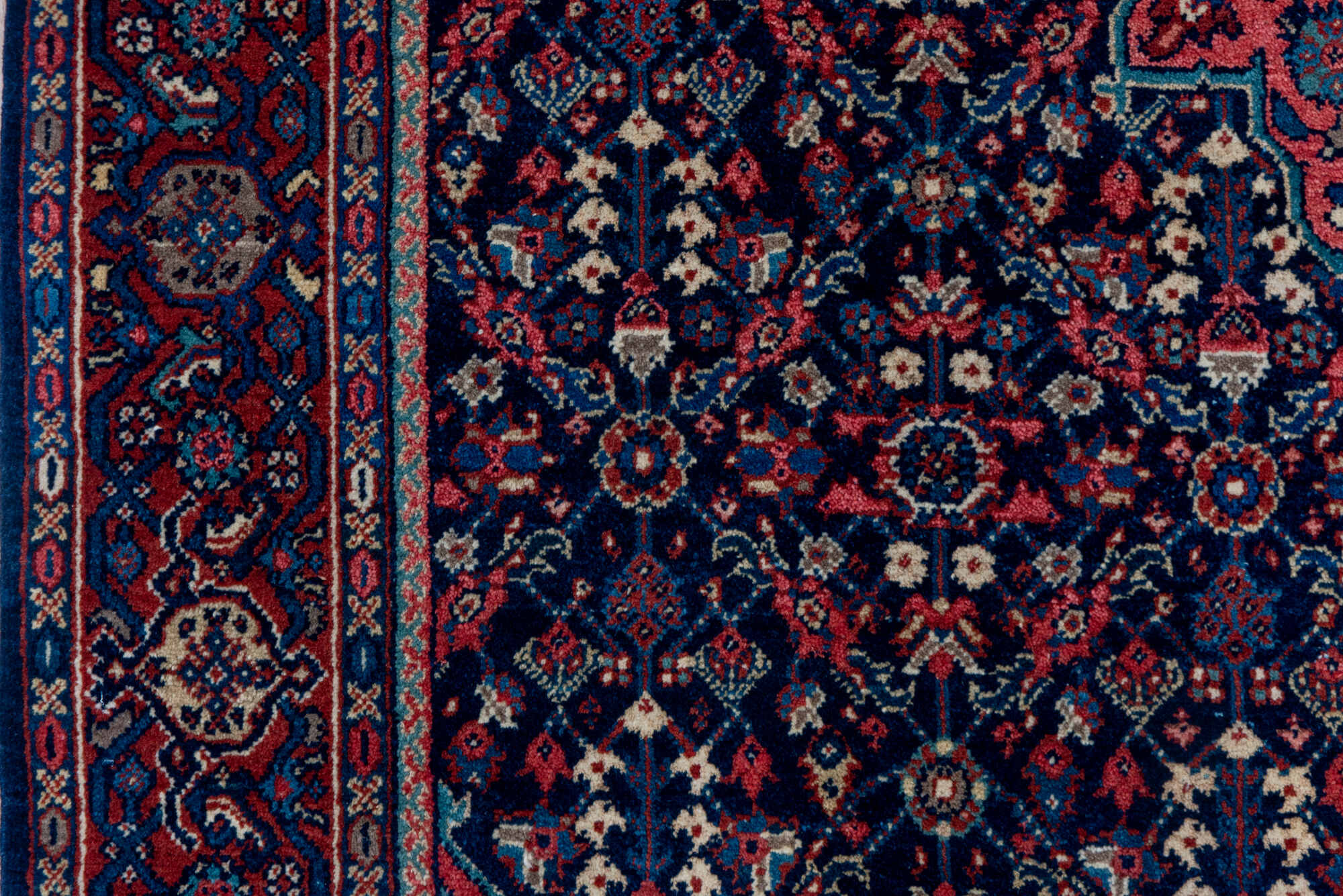 4' x 6' one-of-a-kind handmade vintage Meighan small size rug. Color palette: black, brown, gray, off-white, orange, pink