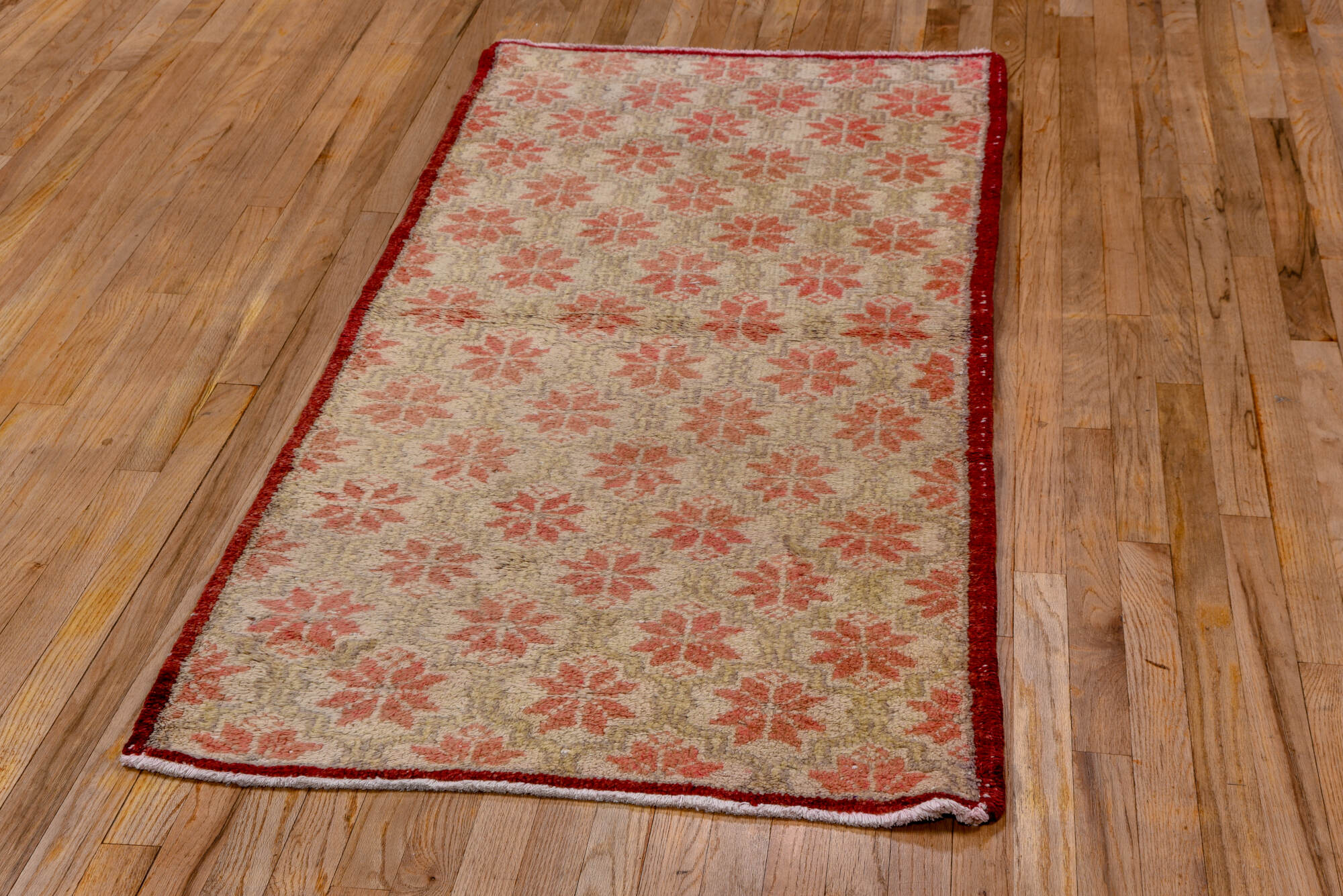 2' x 6' one-of-a-kind handmade vintage Oushak runner rug. Color palette: brown, off-white, orange, pink, red, snow, white