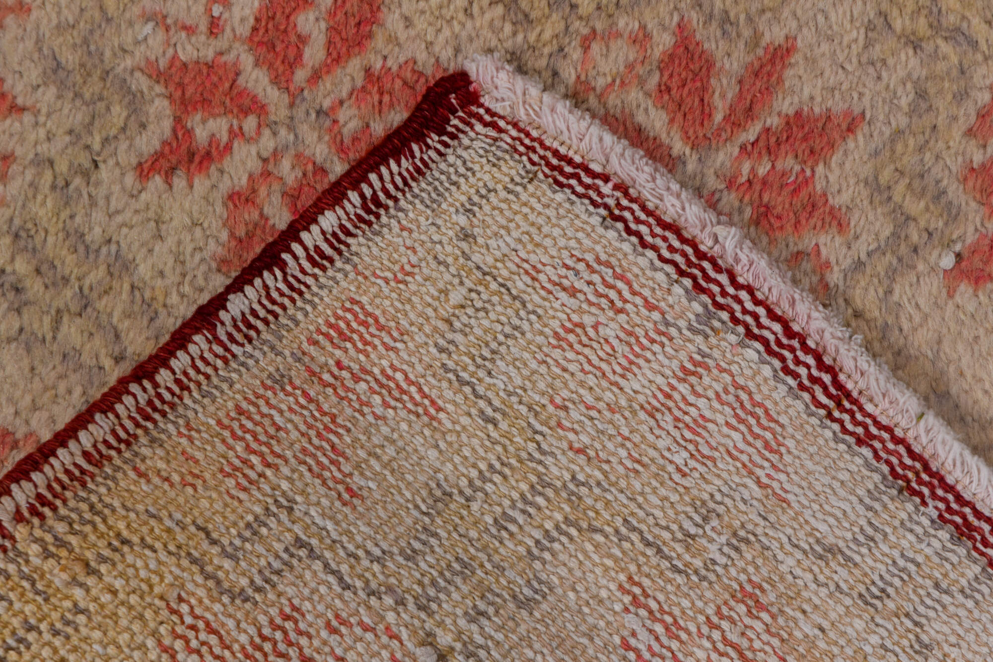 2' x 6' one-of-a-kind handmade vintage Oushak runner rug. Color palette: brown, off-white, orange, pink, red, snow, white