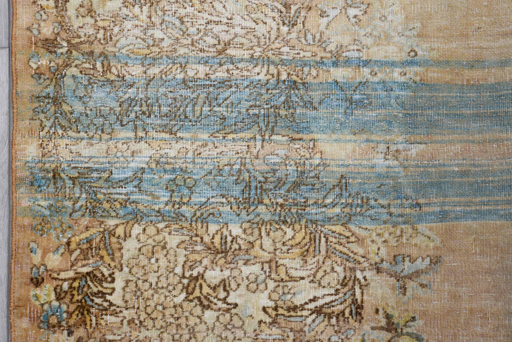 6' x 10' one-of-a-kind handmade vintage Kerman large size rug. Color palette: brown, burlywood, off-white, orange, snow, tan