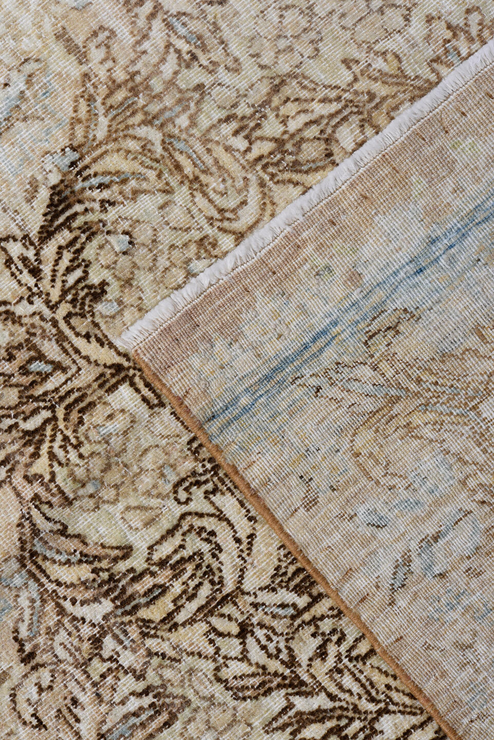 6' x 10' one-of-a-kind handmade vintage Kerman large size rug. Color palette: brown, burlywood, off-white, orange, snow, tan