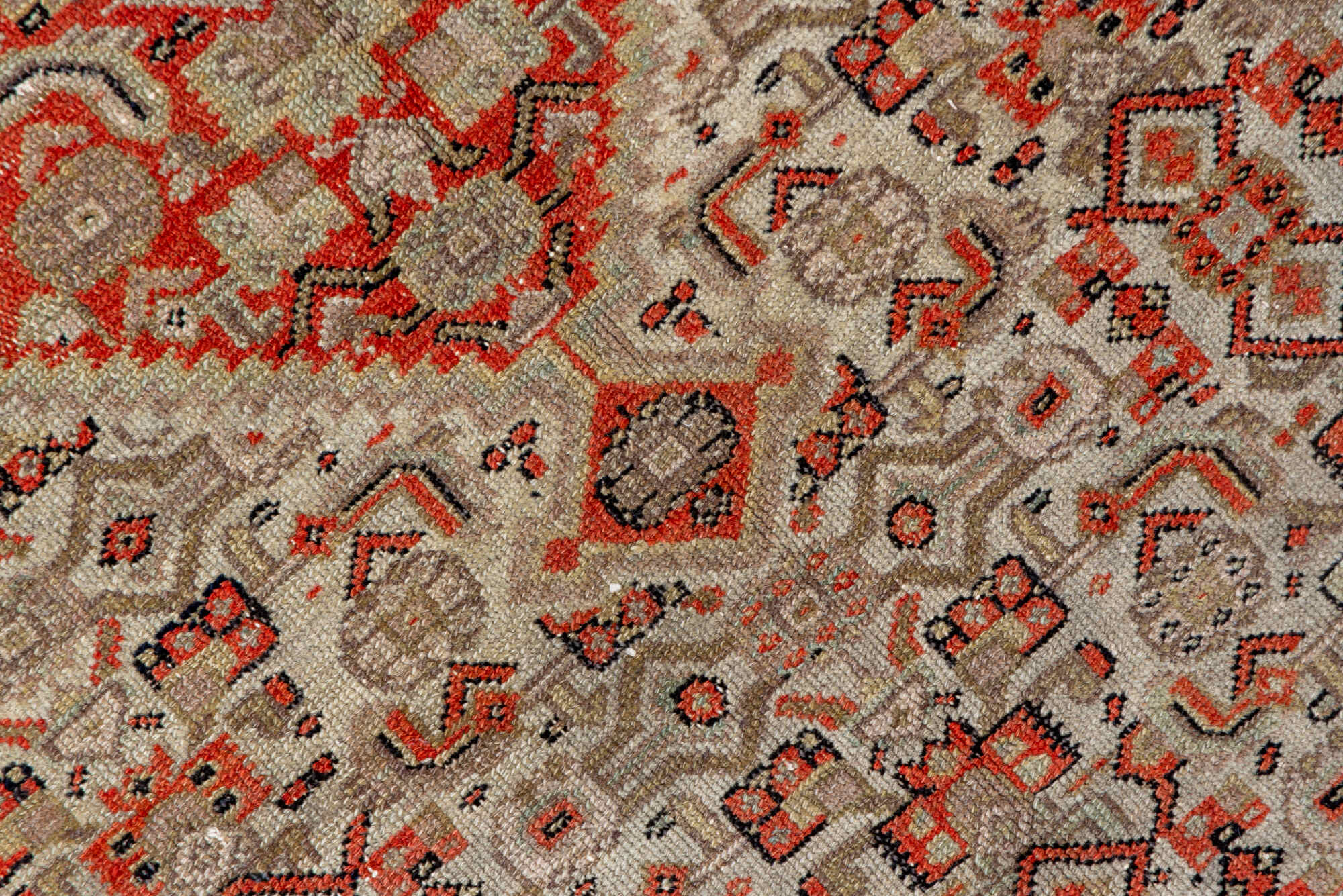 4' x 6' one-of-a-kind handmade vintage Senne small size rug. Color palette: black, brown, gray, pink, red