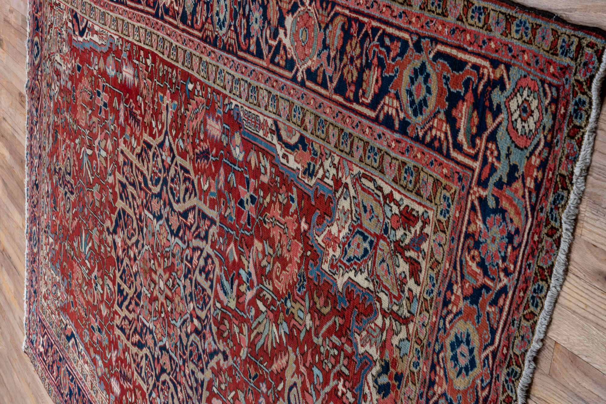 7' x 10' one-of-a-kind handmade vintage Heriz large size rug. Color palette: blue, brown, dim gray, gray, light gray