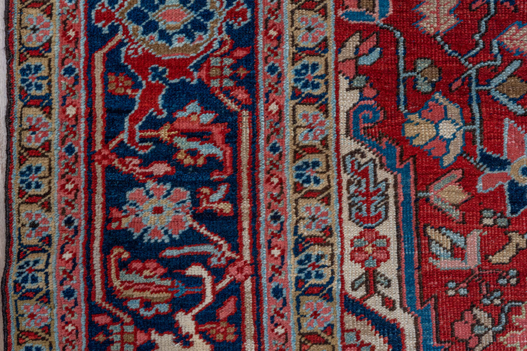 7' x 10' one-of-a-kind handmade vintage Heriz large size rug. Color palette: blue, brown, dim gray, gray, light gray