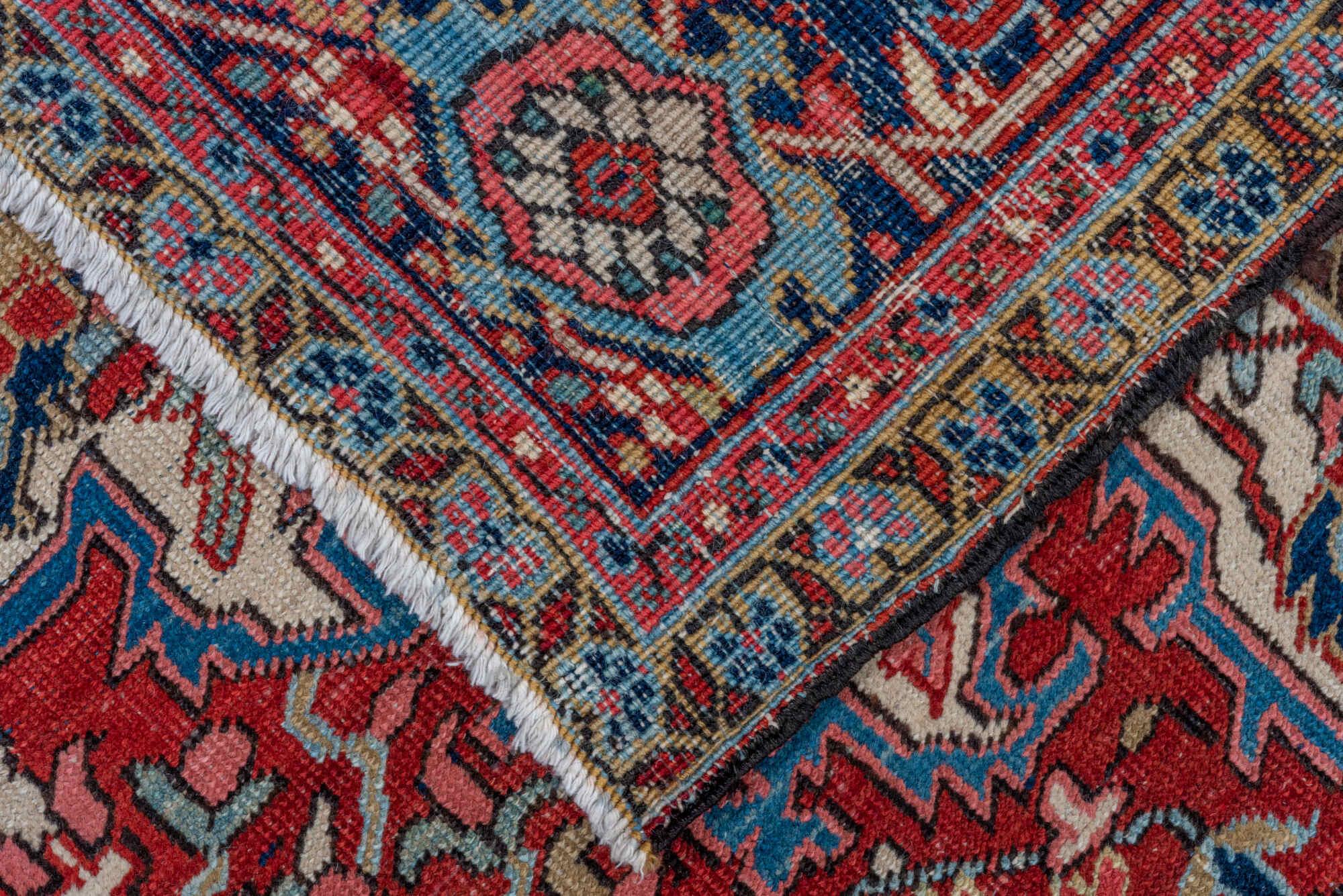 7' x 10' one-of-a-kind handmade vintage Heriz large size rug. Color palette: blue, brown, dim gray, gray, light gray