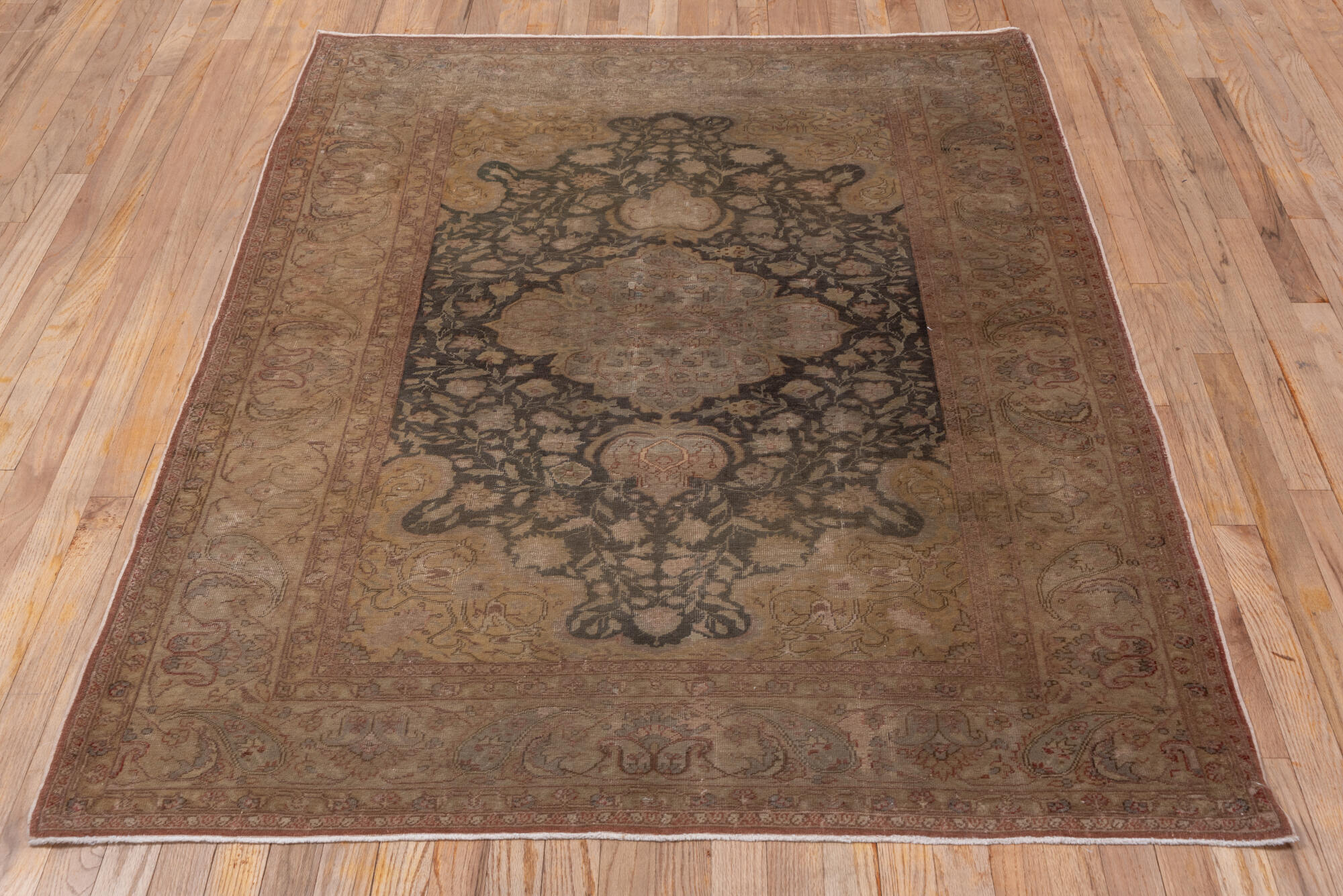 4' x 6' one-of-a-kind handmade vintage Sivas small size rug. Color palette: brown, gray, light gray, off-white, pink