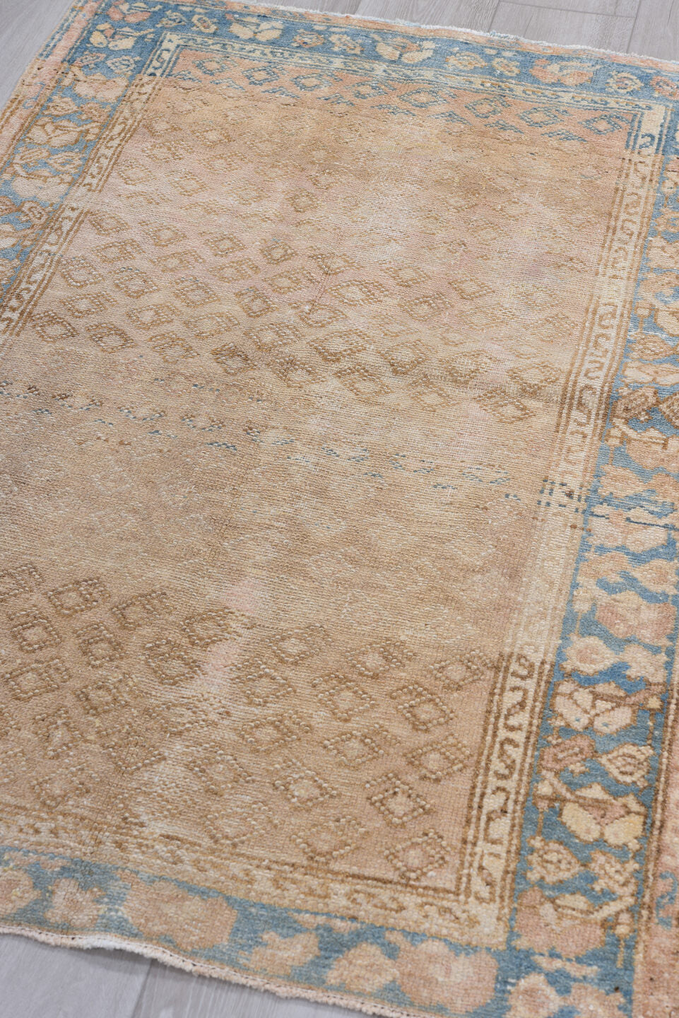 3' x 4' one-of-a-kind handmade vintage Malayer small size rug. Color palette: gray, brown, orange, off-white, light blue