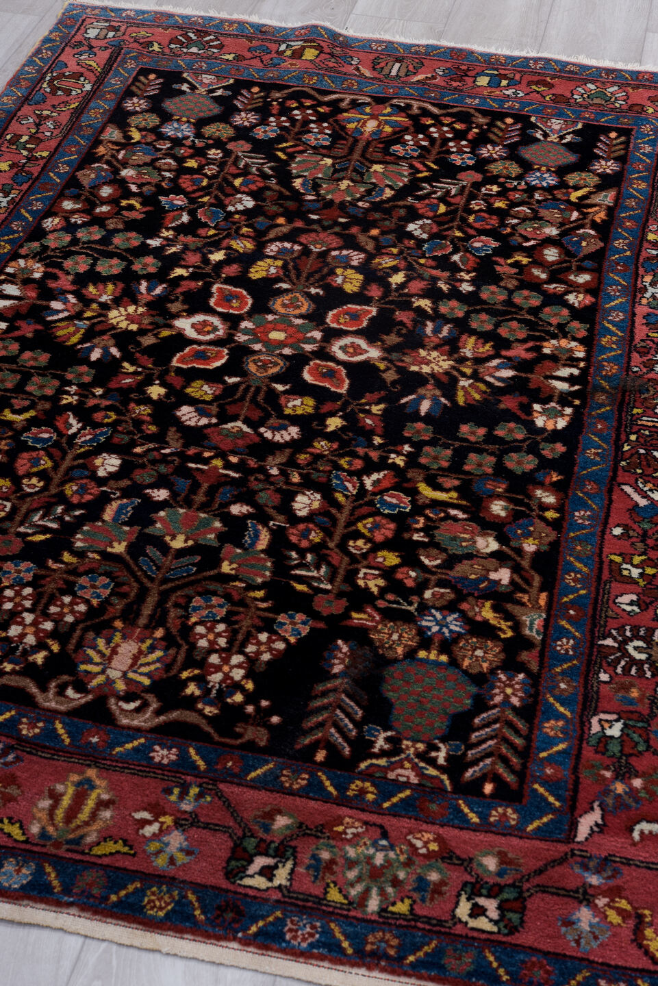 4' x 6' one-of-a-kind handmade vintage Hamadan small size rug. Color palette: brown, gray, light gray, blue, red, pink, tan