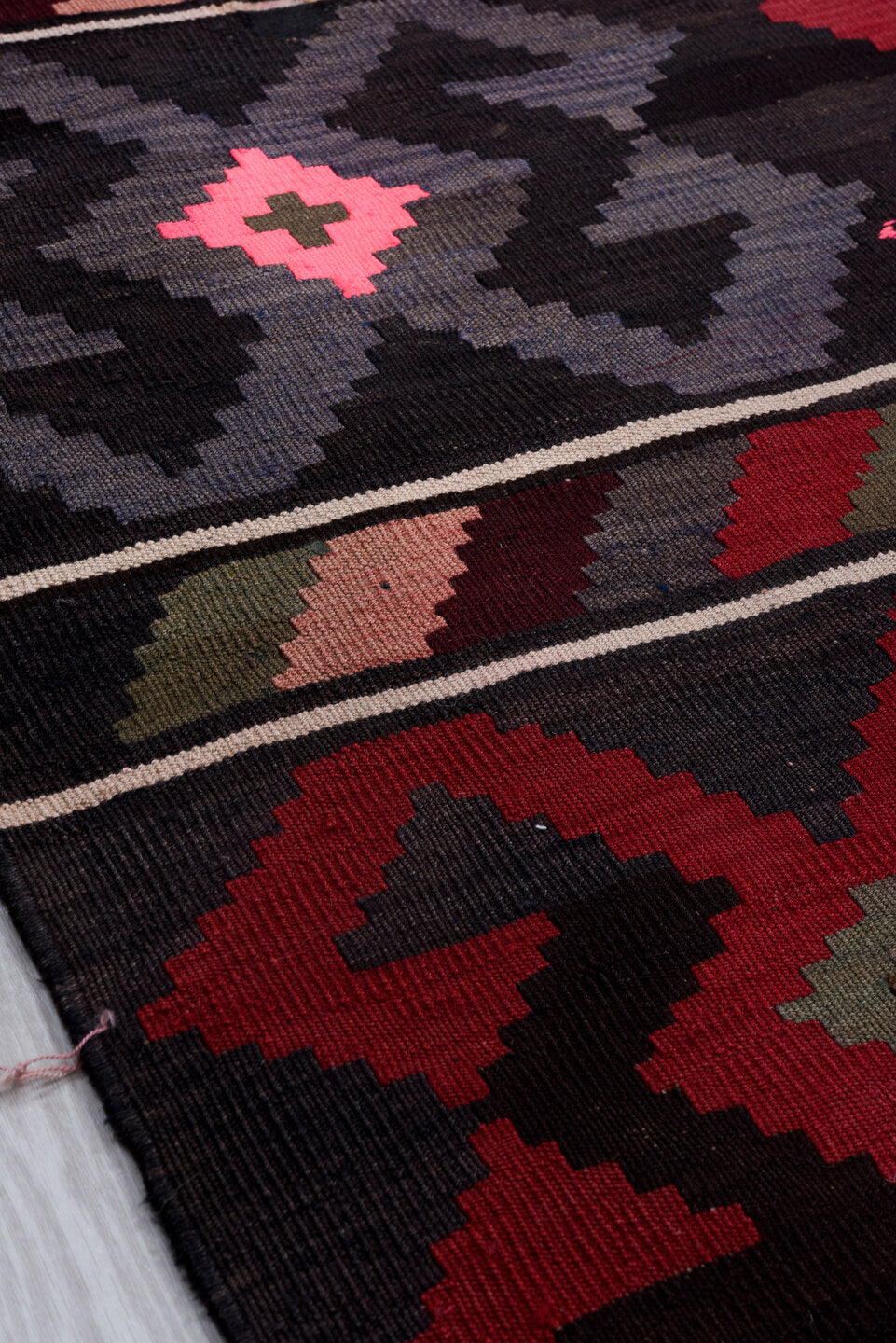 6' x 10' one-of-a-kind handmade vintage Kilim large size rug. Color palette: brown, pink, red, gray, light gray