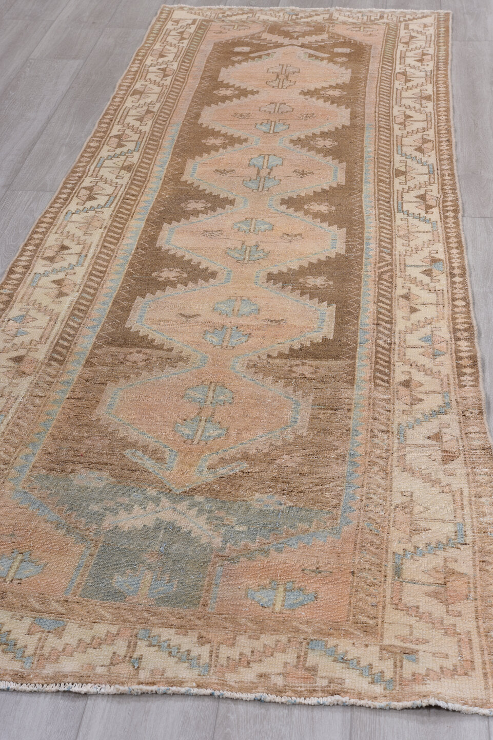 3' x 9' one-of-a-kind handmade vintage Malayer runner rug. Color palette: gray, pink, brown, light gray, off-white, orange