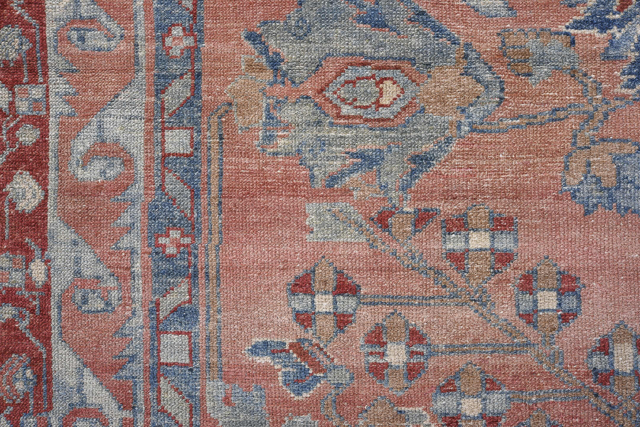 4' x 9' one-of-a-kind handmade vintage Lilian runner rug. Color palette: pink, gray, red, brown, blue, dark gray, slate gray